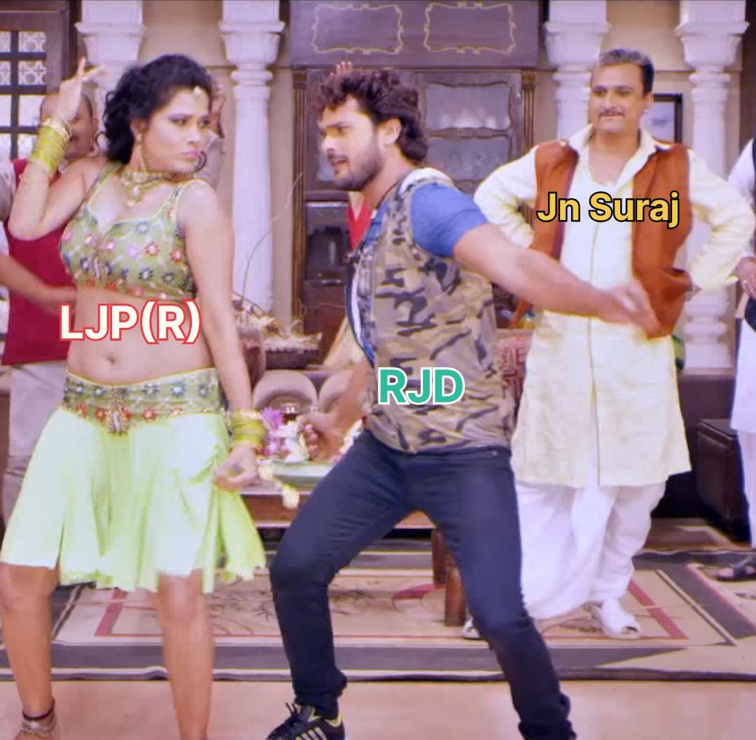 JaikyYadav16's tweet image. ये बिहार है यहाँ कुछ भी संभव है😄😂

खेसारी लाल यादव, छपरा विधानसभा -RJD 
सीमा सिंह, मढ़ौरा विधानसभा -LJP(R)
अवधेश मिश्रा पार्टी सदस्य - Jn Suraj