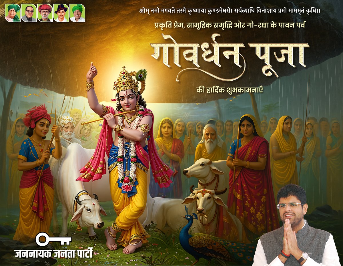 Dushyant Chautala (@dchautala) on Twitter photo рдУрдореН рдирдореЛ рднрдЧрд╡рддреЗ рддрд╕реНрдореИ рдХреГрд╖реНрдгрд╛рдпрд╛ рдХреБрдгреНрдардореЗрдзрд╕реЗред рд╕рд░реНрд╡рд╡реНрдпрд╛рдзрд┐ рд╡рд┐рдирд╛рд╢рд╛рдп рдкреНрд░рднреЛ рдорд╛рдордореГрддрдВ рдХреГрдзрд┐редред
рдкреНрд░рдХреГрддрд┐ рдкреНрд░реЗрдо, рд╕рд╛рдореВрд╣рд┐рдХ рд╕рдореГрджреНрдзрд┐ рдФрд░ рдЧреМ-рд░рдХреНрд╖рд╛ рдХреЗ рдкрд╛рд╡рди рдкрд░реНрд╡ рдЧреЛрд╡рд░реНрдзрди рдкреВрдЬрд╛ рдХреА рдЖрдк рд╕рднреА рдХреЛ рд╣рд╛рд░реНрджрд┐рдХ рд╢реБрднрдХрд╛рдордирд╛рдПрдВред рднрдЧрд╡рд╛рди рд╢реНрд░реА рдХреГрд╖реНрдг рд╕рдорд╕реНрдд рд╡реНрдпрд╛рдзрд┐рдпреЛрдВ рд╕реЗ рдЖрдкрдХреА рд╕рджреИрд╡ рд░рдХреНрд╖рд╛ рдХрд░реЗрдВред рдУрдореН рдирдореЛ рднрдЧрд╡рддреЗ рддрд╕реНрдореИ рдХреГрд╖реНрдгрд╛рдпрд╛ рдХреБрдгреНрдардореЗрдзрд╕реЗред рд╕рд░реНрд╡рд╡реНрдпрд╛рдзрд┐ рд╡рд┐рдирд╛рд╢рд╛рдп рдкреНрд░рднреЛ рдорд╛рдордореГрддрдВ рдХреГрдзрд┐редред
рдкреНрд░рдХреГрддрд┐ рдкреНрд░реЗрдо, рд╕рд╛рдореВрд╣рд┐рдХ рд╕рдореГрджреНрдзрд┐ рдФрд░ рдЧреМ-рд░рдХреНрд╖рд╛ рдХреЗ рдкрд╛рд╡рди рдкрд░реНрд╡ рдЧреЛрд╡рд░реНрдзрди рдкреВрдЬрд╛ рдХреА рдЖрдк рд╕рднреА рдХреЛ рд╣рд╛рд░реНрджрд┐рдХ рд╢реБрднрдХрд╛рдордирд╛рдПрдВред рднрдЧрд╡рд╛рди рд╢реНрд░реА рдХреГрд╖реНрдг рд╕рдорд╕реНрдд рд╡реНрдпрд╛рдзрд┐рдпреЛрдВ рд╕реЗ рдЖрдкрдХреА рд╕рджреИрд╡ рд░рдХреНрд╖рд╛ рдХрд░реЗрдВред