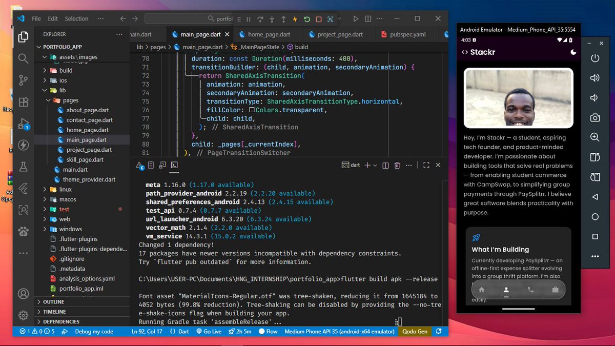 Stackarius's tweet image. Stage 0 task, building my Personal Portfolio App. The app will showcase my About, Skills, and Contact sections in a clean and responsive design. I’m using Flutter to build it, a little scared 😅, but I’m ready to learn and push through!
#HNGInternship #Flutter