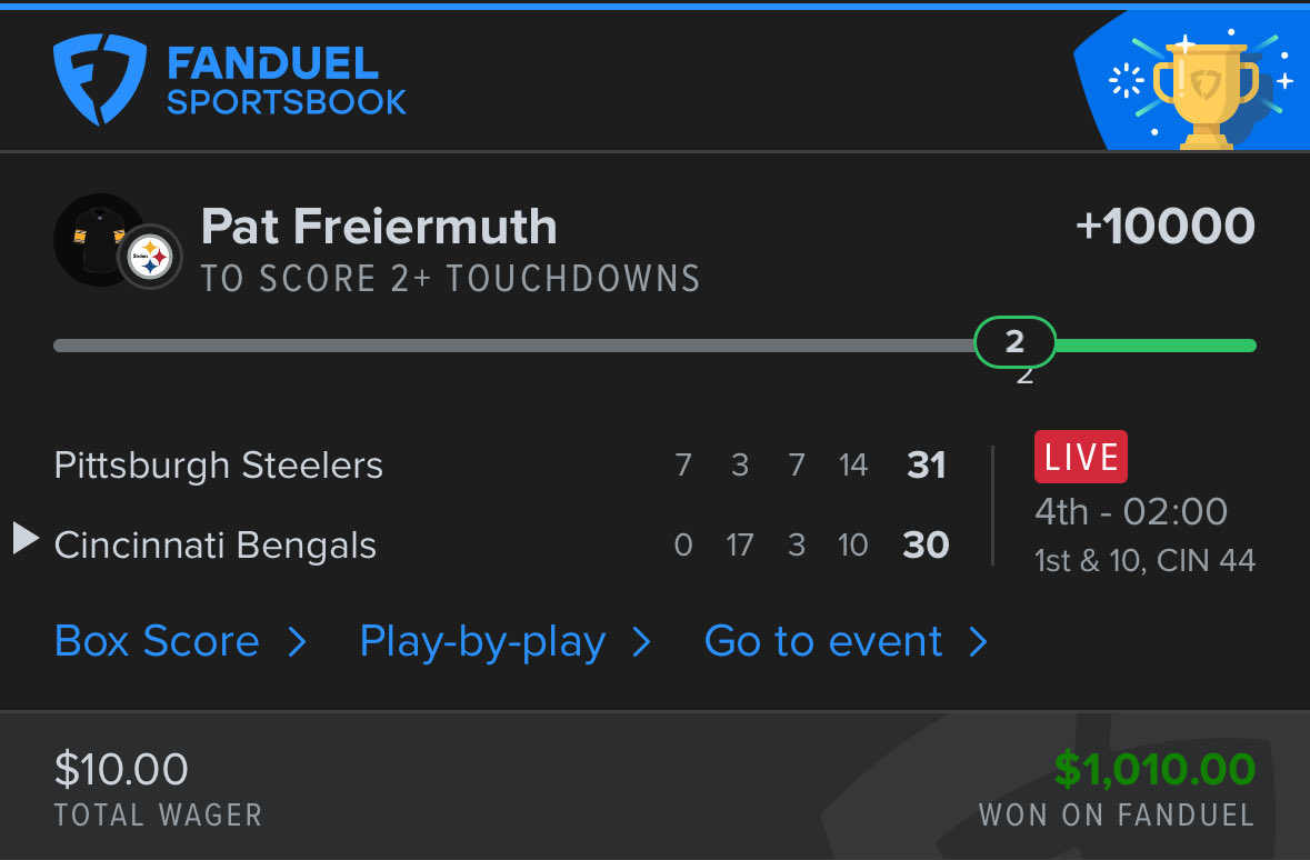 BANGGG <a href="/zed_champions/">ZED CHAMPIONS</a> 🚨

✅ Pat Freiermuth 2 touchdowns +10,000 

As promised at some point this weekend I’ll be buying 100k <a href="/ZEDtoken/">$ZED On Base</a> and documenting my spending in the barn🐎

(Hopefully it’s fixed by then)