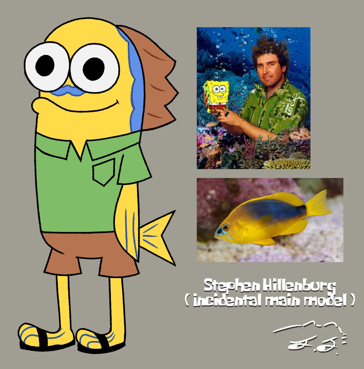 CryptidMM's tweet image. Designed Stephen Hillenburg as a BG fish incidental in Spongebob Squarepants, based him off of his arguably most iconic photo &amp;amp; a Shy Hamlet fish.

Meant for the 3D models I've been working on...