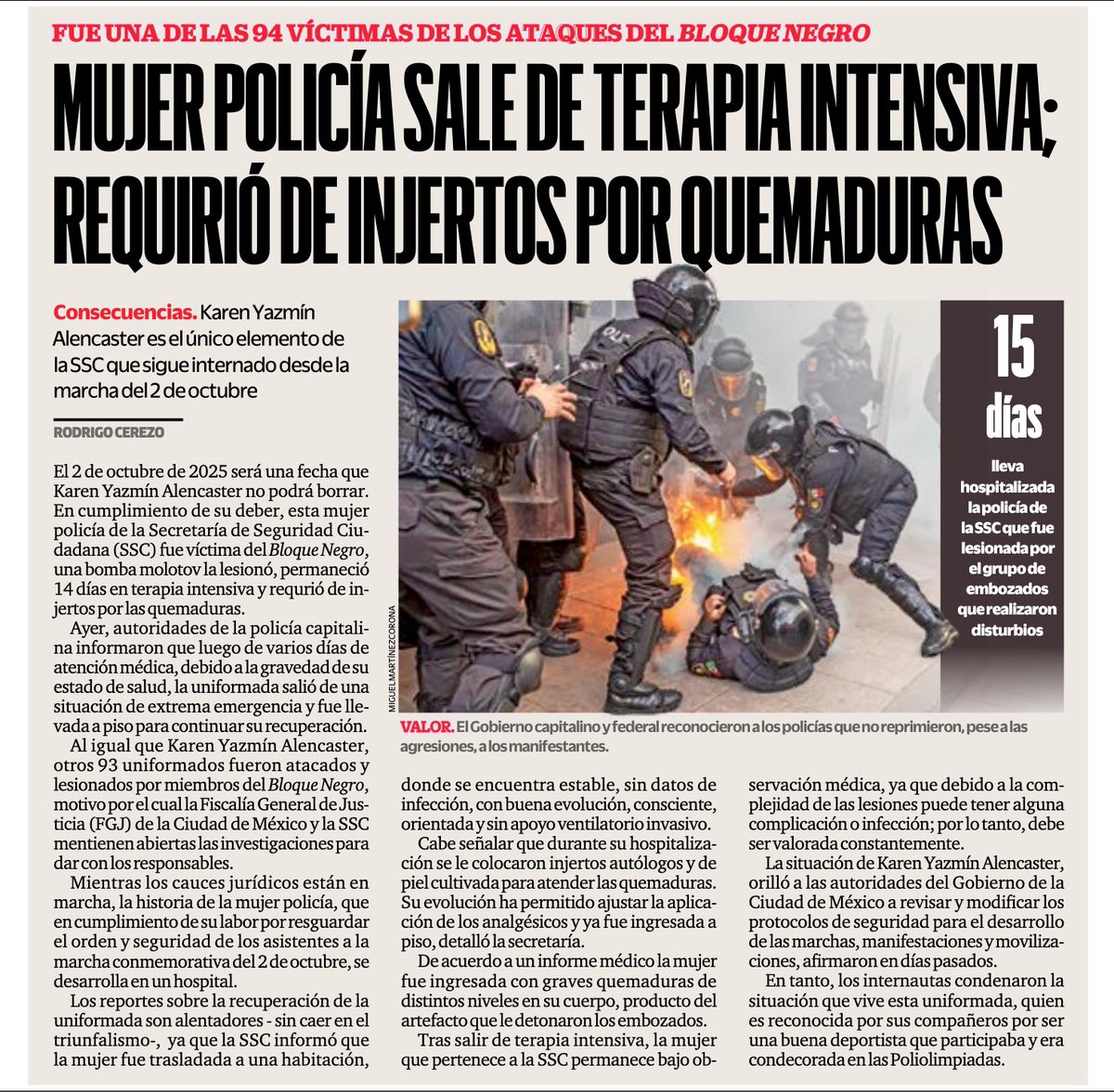 👮‍♂️ Karen Yazmín Alencaster fue una de los 94 policías heridos en la marcha del 2 de octubre. 

La oficial de la SSC ya salió de terapia intensiva, pero requirió injertos debido a las quemaduras.  
24-horas.mx/cdmx/policia-h…