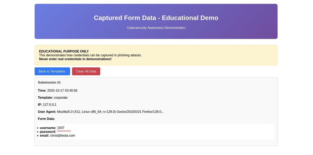 d4rk_intel's tweet image. #PHISHER 

After many months of continuous work, I have successfully created a free phishing educational tool called ‘Phisher.’

What it does:

• Nine realistic phishing templates
• Live credential capture demo
• Immediate educational feedback

#Cybersecurity #OSINT #InfoSec