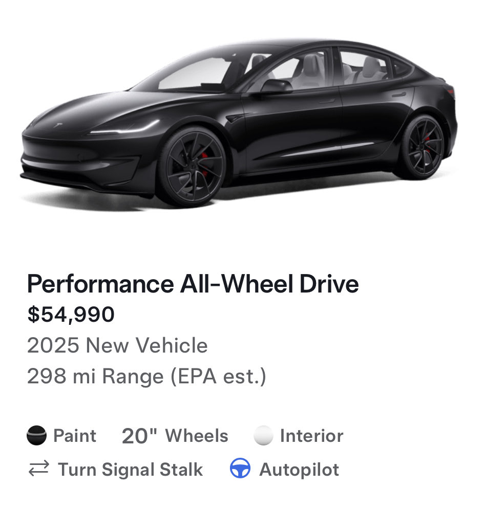 robotmodel3's tweet image. Tesla now includes ‘Turn signal stalk’ on their website listings for 2025 Model 3’s.