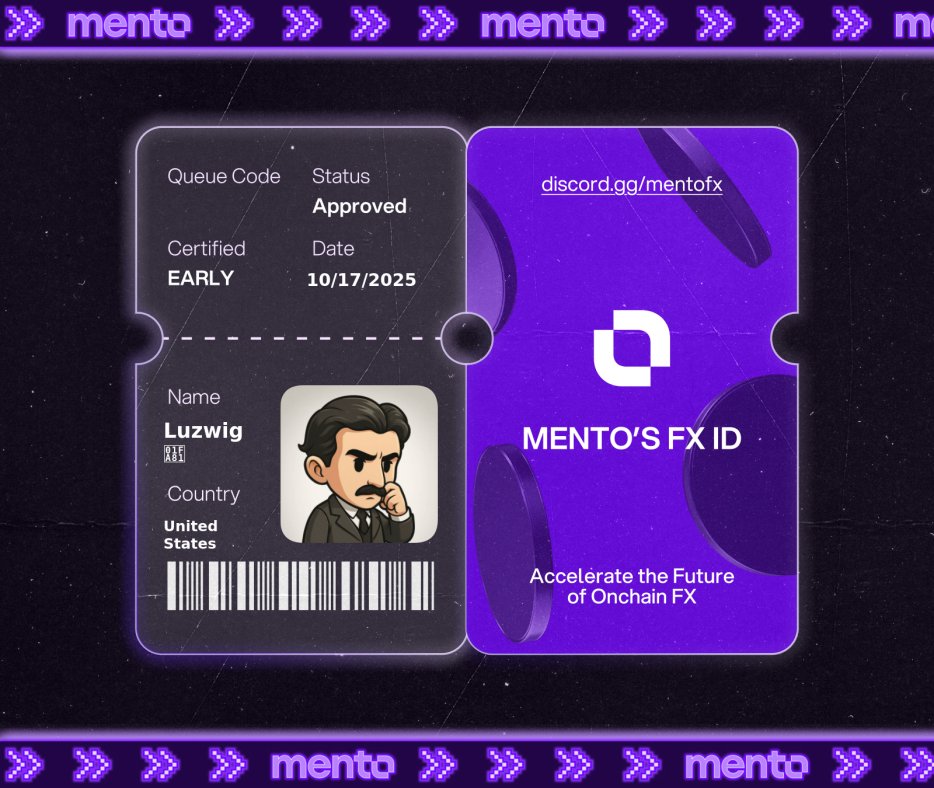 Licensed to trade the internet’s FX layer. 

Claimed my FX ID on discord.gg/mentofx 

 every currency, onchain with <a href="/MentoLabs/">Mento (fx/acc)</a>