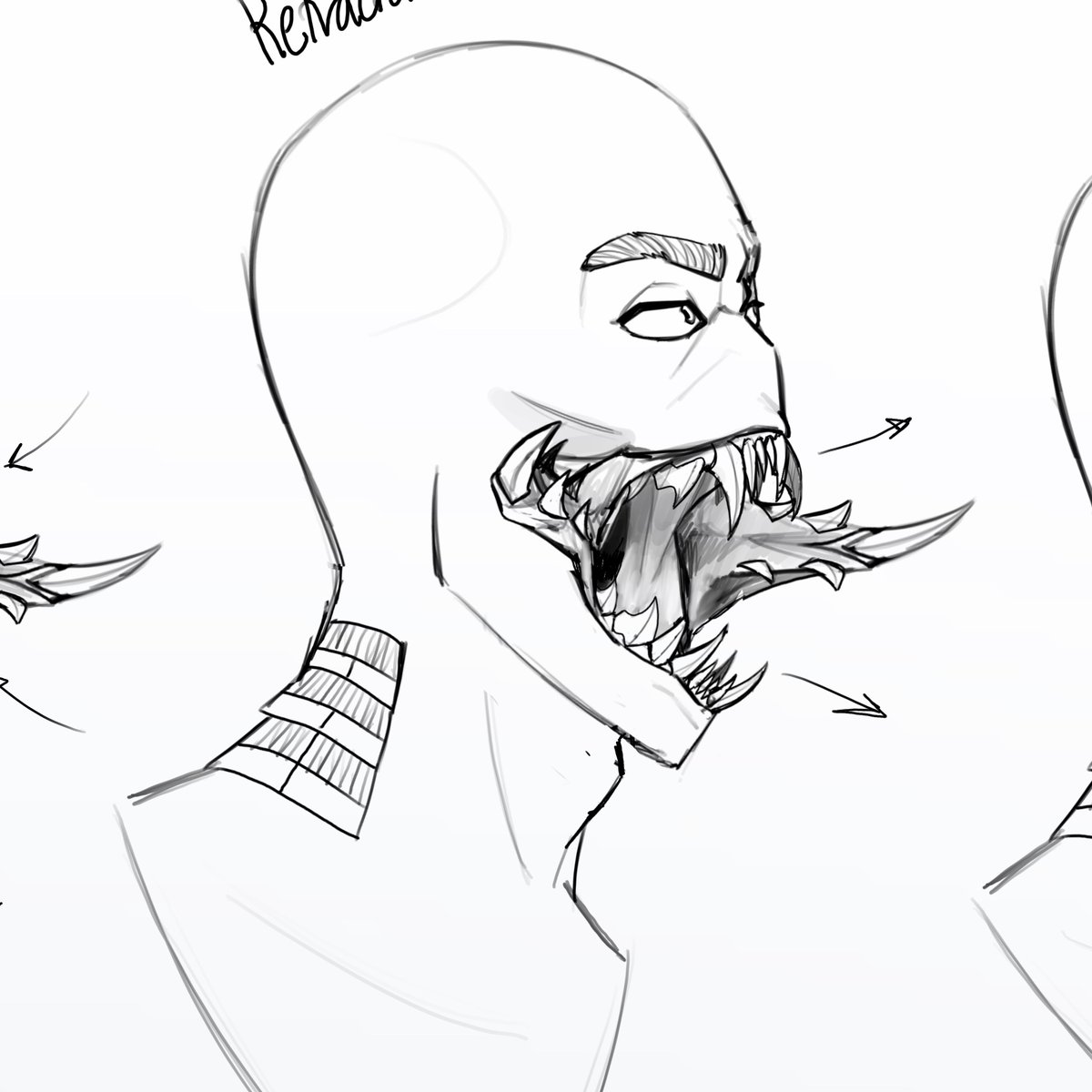 TsukitakaLord's tweet photo. Joe jaw design concept art - He has two mandibles on both corners of his mouth that fold inwards inconspicuously— they have three joints that fold inwards when they retract into the jaws.

#countryhumans #countryhumansart #countryhumansusa #america #creaturedesign #usa #artwork https://t.co/HyZrJYiu2A