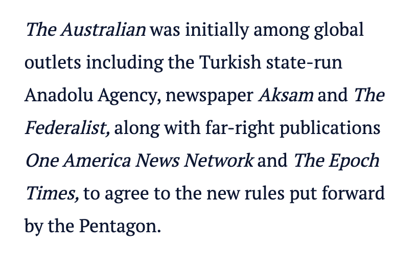 ABD 'Savaş Bakanlığı'nın çoğu Trump destekçisi yayın organları tarafından bile kabul edilmeyen yeni çalışma kurallarını kabul eden 11 basın yayın kuruluşu arasında <a href="/anadoluagency/">Anadolu English</a> ve Akşam gazetesi de var. <a href="/farukbildirici/">Faruk Bildirici</a>