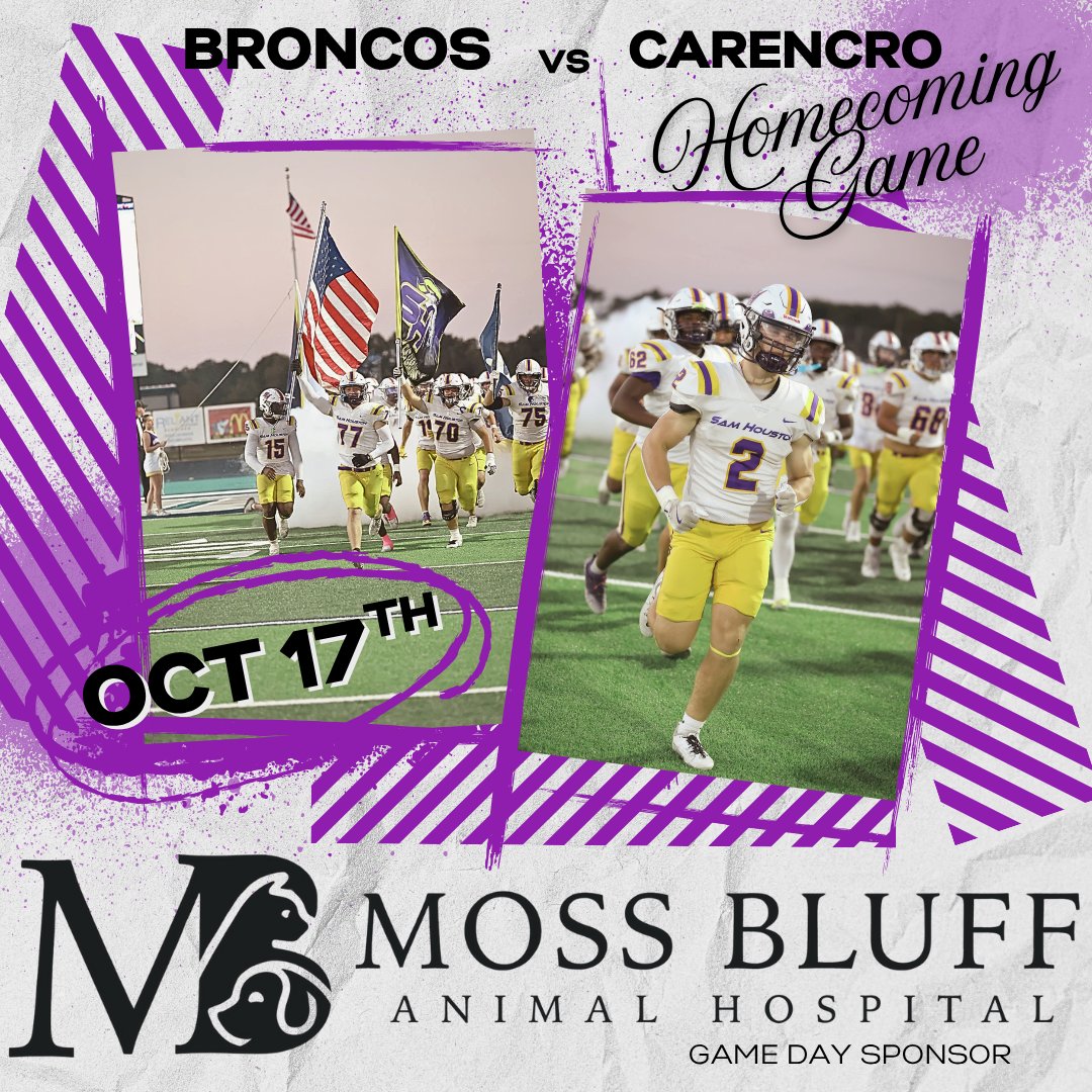 From caring for our pets to cheering on our Broncos, Moss Bluff Animal Hospital continues to go above and beyond for our community. 🏈🐾 Thank you for being a proud game day sponsor and supporter of our team! 💜💛