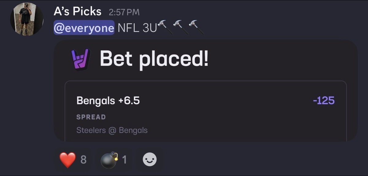 ✅BENGALS OUTRIGHT 

NFL 3U🔨🔨🔨WINNER🫡
LEGENDARY 11-2 (85%) 3U RUN🔥

LFGGGGGGG