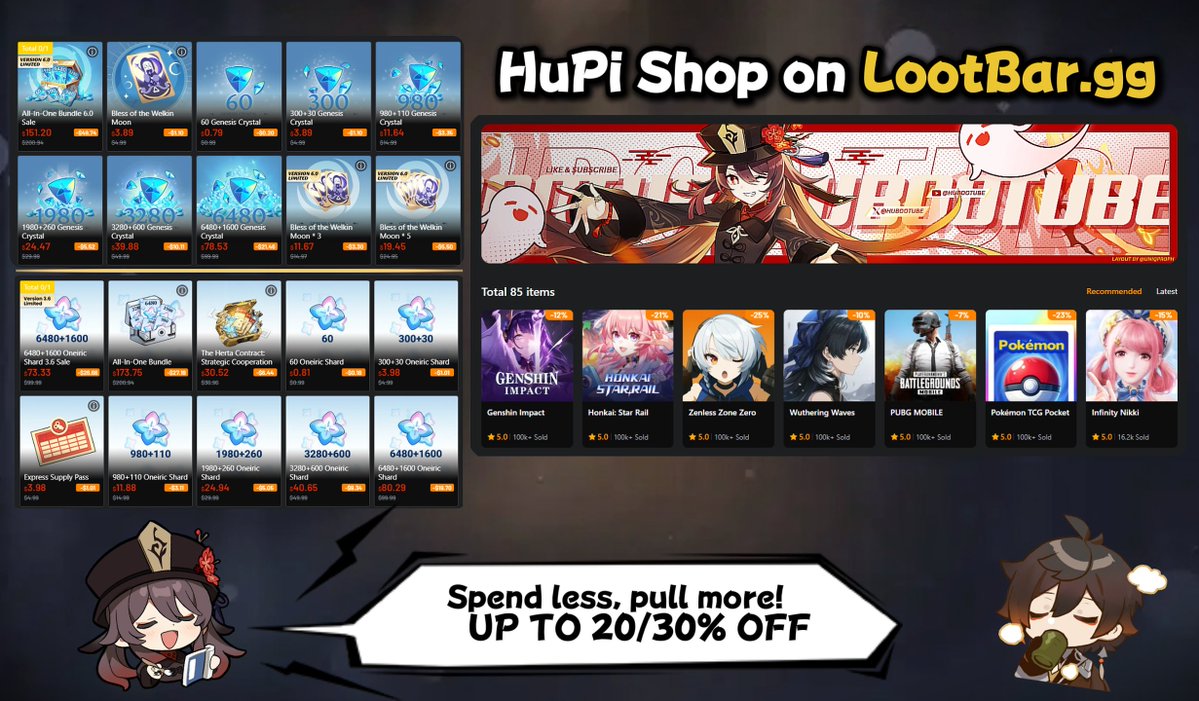 hu_pilot's tweet image. 💎TOP-UP for Genshin, HSR, ZZZ & WuWa - UP TO 30% OFF!
Planning to pull soon? Don’t miss the chance to save money while topping up safely on @Lootbar_gg 🎉
✨Only your UID is required — fast, secure, and affordable!
🎁12% off for new users!
🔗lootbar.gg/shop/HuTube
