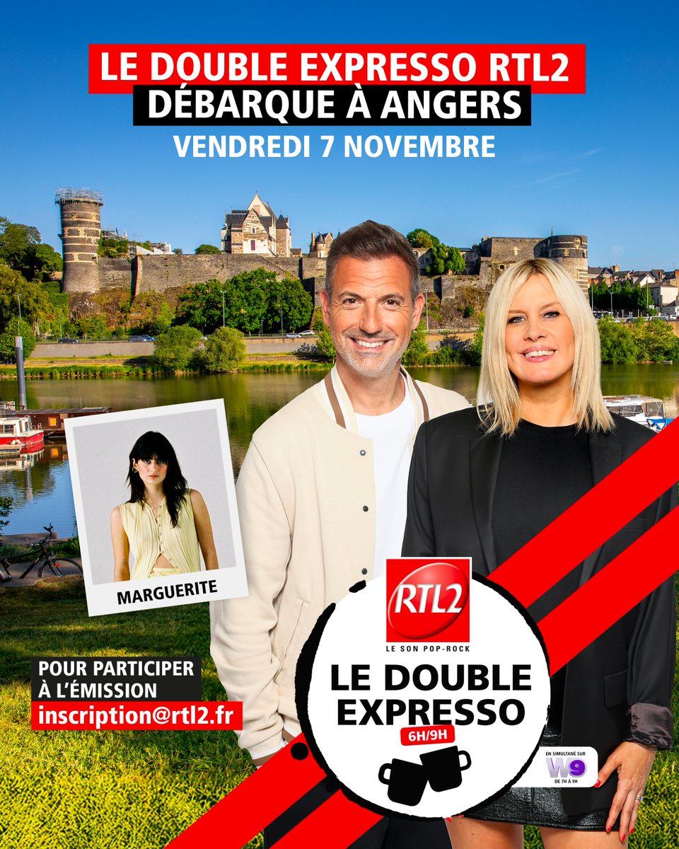 Le Double Expresso RTL2 débarque à Angers ! 😍 Greg, Justine et toute l’équipe vous donnent rendez-vous le 7 novembre prochain pour une émission spéciale en direct d’Angers avec en invitée Marguerite ! Pour participer à l’émission : envoyez un email à inscription@rtl2.fr 💌