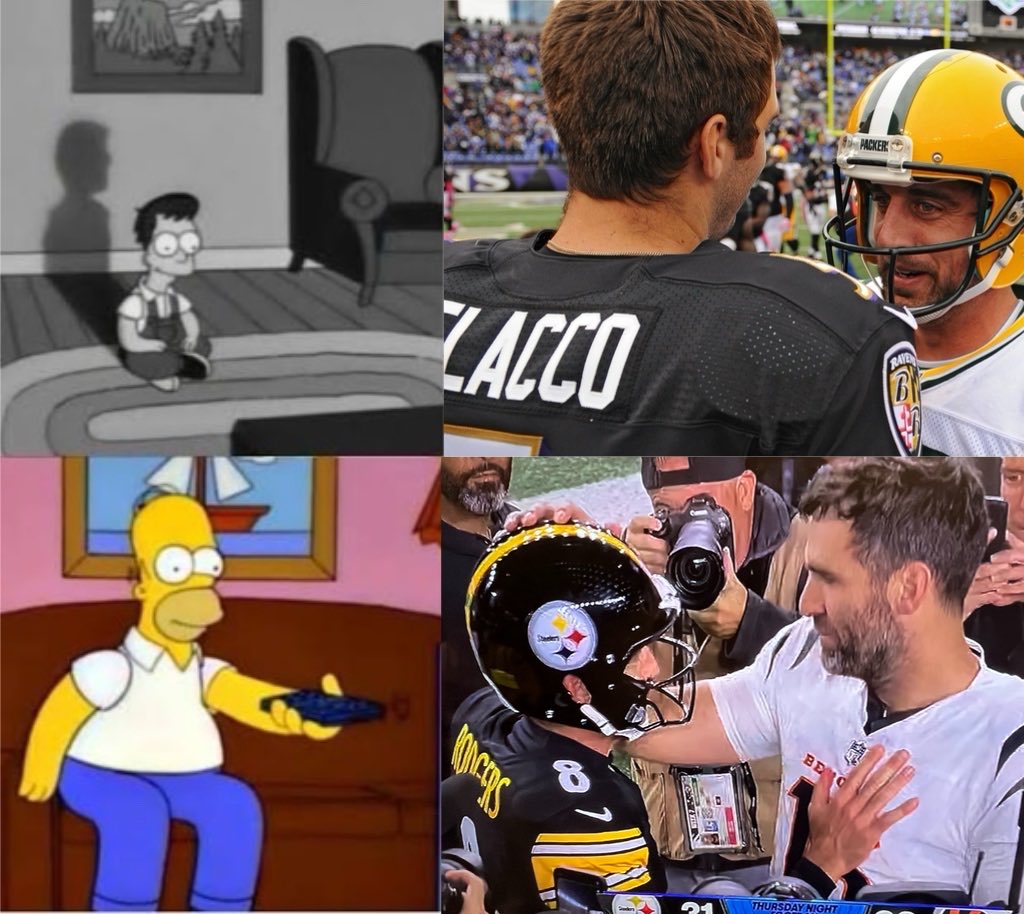 Qué partidazo nos dieron Joe Flacco y Aaron Rodgers! 

Su presencia, sigue haciendo mejor a la NFL! 

Me dio mucha nostalgia verlos hablando al final 👨🏼‍🦳👴🏻