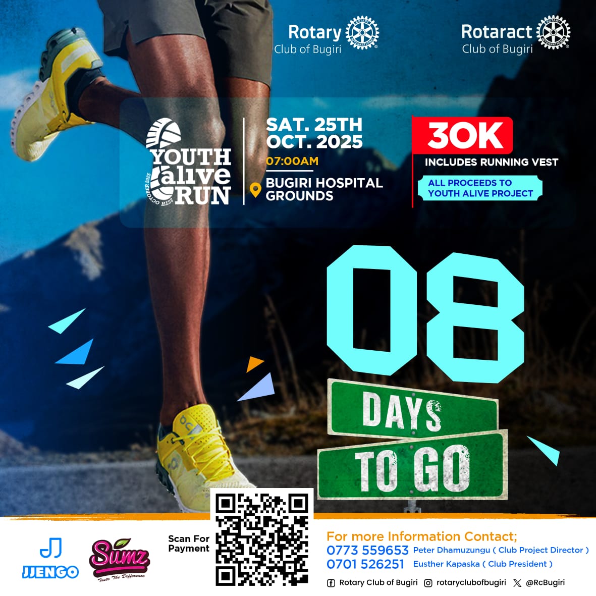 Dhamuzungu_p's tweet photo. We can’t just talk about empowering the youth. Let’s run for it.

Only #8DaysLeft to the Youth Alive Run, a stride towards skilling, inspiring, and transforming young lives in Bugiri.

♧30K comes with a vest.
Be part of us Today: ✍🏿https://t.co/5fN1OPBFtm…

#RotaryEyamba https://t.co/ze7KVDTg5j