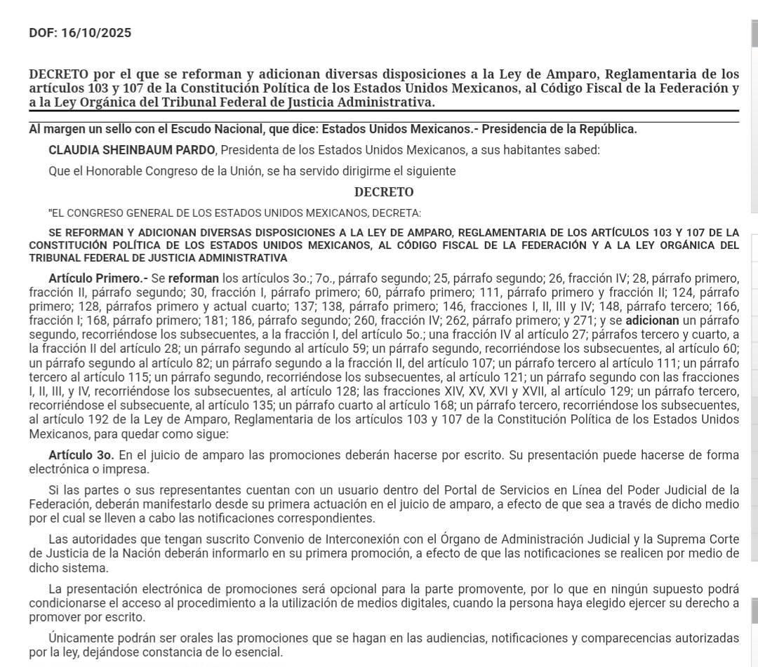 Ya se publicó la reforma a la Ley de Amparo en el Diario Oficial de la Federación, lo que significa que mañana entra en vigor.

dof.gob.mx/nota_detalle.p…

Si bien es claro el cambio, mucho dependerá de la forma en que las y los jueces la interpreten y apliquen.
