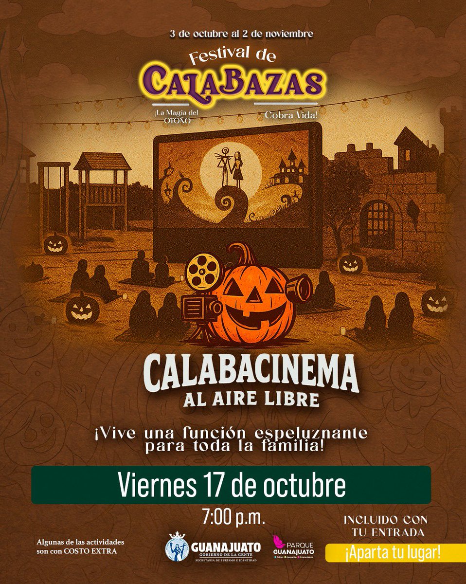 🎬 ¡Una función espeluznante para toda la familia!

Vive la magia de Calabacinema, el cine al aire libre del Festival de Calabazas.
La función comienza a las 7:00 p.m. llega con anticipación para alcanzar tu lugar.