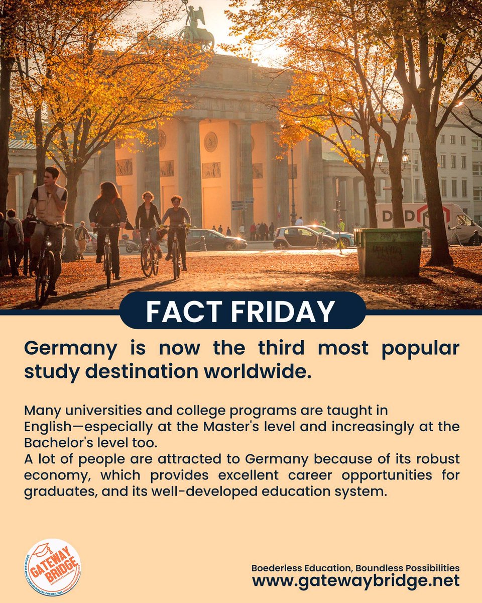 Germany is highly attractive to students due to its robust economy (strong job prospects and an 18-month post-study work permit for non-EU grads), globally renowned and research-focused education system, and low tuition fees.

#FactFriday #studyingermany