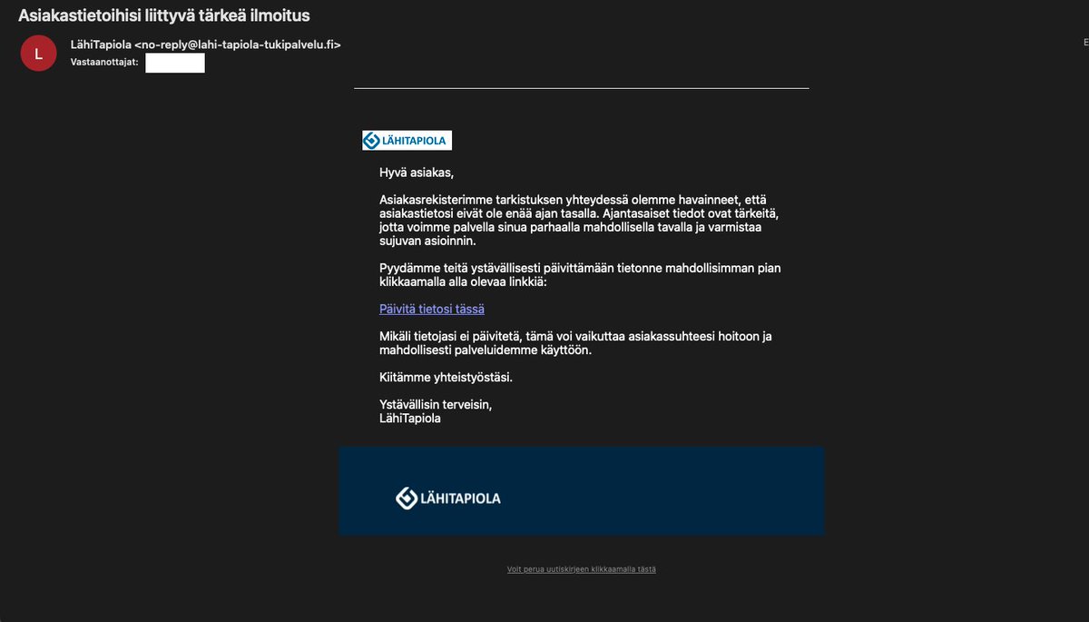 ⚠️VAROITUS!
Huijarit esiintyvät nyt myös vakuutusyhtiöinä, erityisesti LähiTapiolan nimissä. Viestit näyttävät aidoilta, mutta kyse on tietojenkalastelusta, jolla pyritään pankkitunnustesi varastamiseen.

🔒 Suojaa itsesi:
Android 👉 bit.ly/stml-kilpi
iPhone 👉