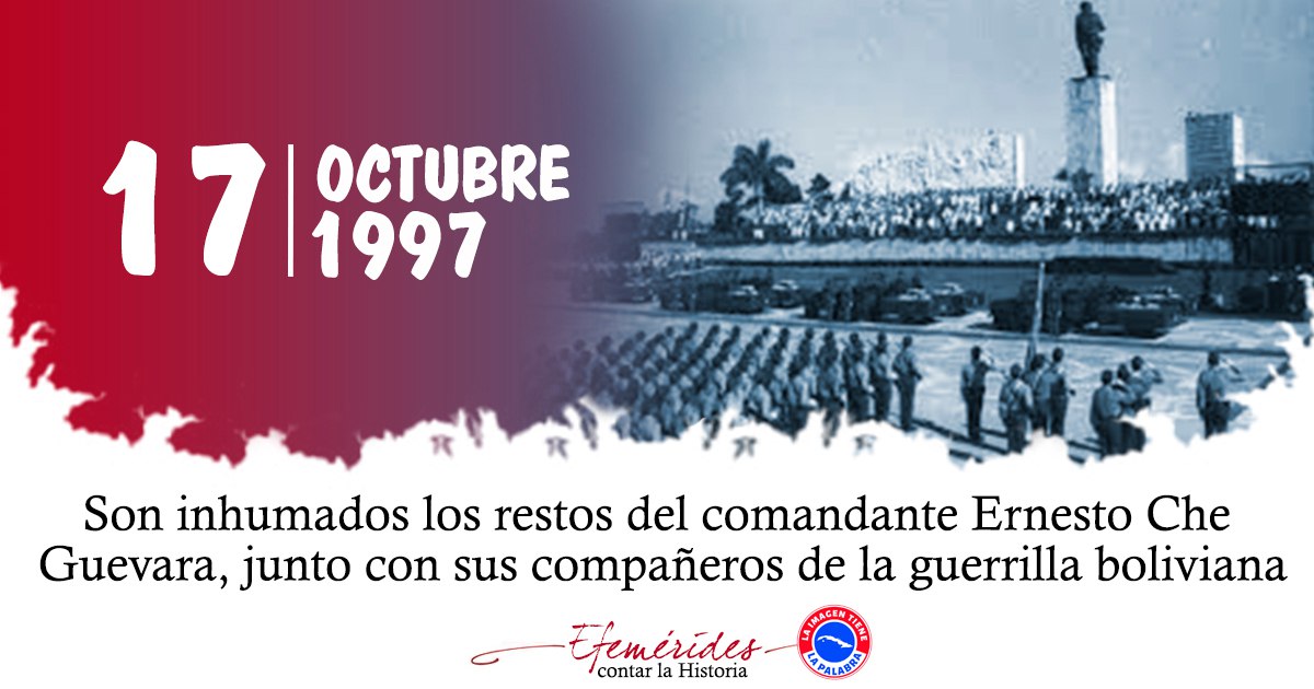 Fidel 17/10/97, : Enfatizó q' la mejor forma de honrar al Che era fortaleciendo la unidad interna y manteniendo la moral en un contexto d crisis económica.
Instó a los jóvenes a estudiar el pensamiento del Che y a asumir su legado en la construcción d la sociedad socialista.#Cuba