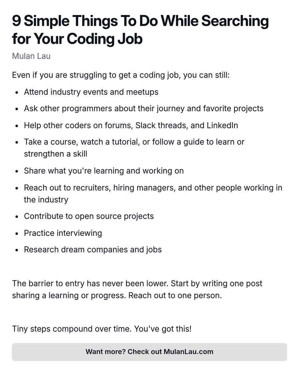 MulanLau's tweet image. 9 Simple Things To Do While Searching for Your Coding Job
Even if you are struggling to get a coding job, you can still:

- Attend industry events and meetups
- Ask other programmers about their journey and favorite projects
See the image for the rest!