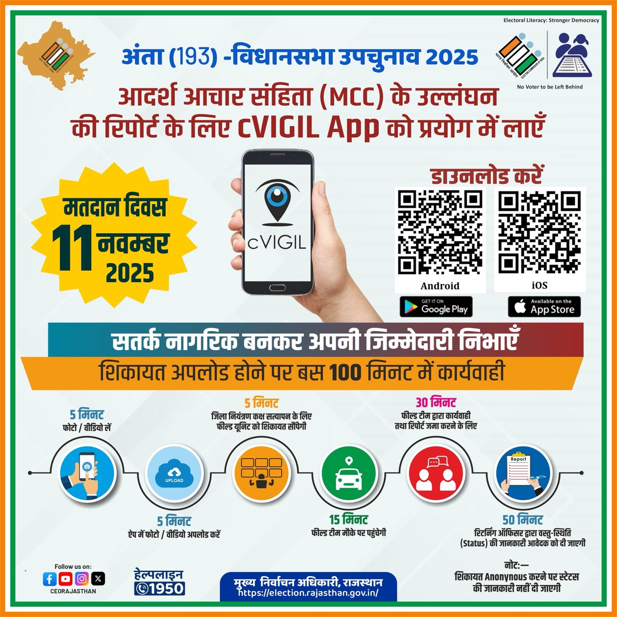 📢 अंता (193) विधानसभा उपचुनाव 2025
🛑 आचार संहिता उल्लंघन देखें? तुरंत रिपोर्ट करें c-VIGIL App से
🤝 ईमानदार और निष्पक्ष चुनाव के लिए मिलकर करें प्रयास
<a href="/CeoRajasthan/">CEO RAJASTHAN</a> <a href="/DIPRRajasthan/">सूचना एवं जनसम्पर्क विभाग, राजस्थान सरकार</a> <a href="/DcDmBaran_/">District Collector & Magistrate - Baran</a> <a href="/eroanta193/">EROANTA193</a>
#VoterAwareness #MyVoteMyRight
#SVEEP #GenZvoters #Democracy 
#Vigilante