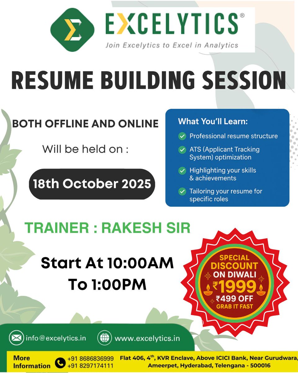 excelytics_info's tweet image. Hi,

Hope you are doing well, wanted to keep you posted that we have Resume Building session on 18-Oct-2025 between 10:00AM-01:00PM by Mr. Rakesh

Use below credentials to Join Online

Registration Link : forms.gle/jATd3hJ59iM8Nx…

WhatsApp Link : chat.whatsapp.com/ElUwoq1FAaR4xo…