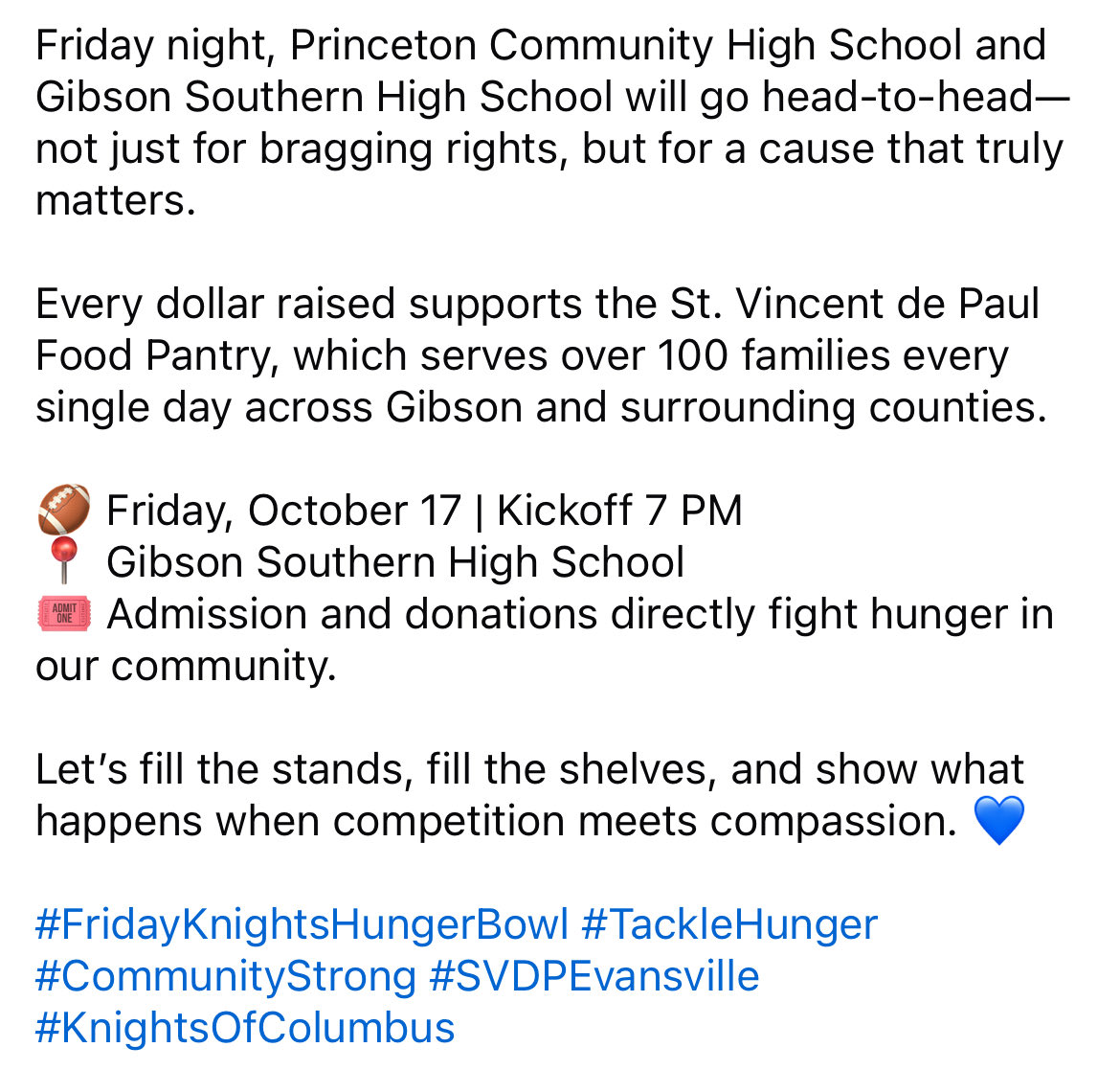 Princeton Clarion Sports (@pdcprepsports) on Twitter photo Princeton Community (<a href="/PCHSTigers/">Princeton Comm HS</a>) π
π & Gibson Southern (<a href="/GSTitans1/">Gibson Southern Titans</a>, <a href="/GSHSFootball/">GSHS Titan Football</a>) will play on October 17, 2025, in the Gibson County Friday Knights Hunger Bowl!
Looking forward to seeing an amazing crowd support a great cause!
svdpevansville.org/friday-knightsβ¦
#pdcprepsports Princeton Community (<a href="/PCHSTigers/">Princeton Comm HS</a>) π
π & Gibson Southern (<a href="/GSTitans1/">Gibson Southern Titans</a>, <a href="/GSHSFootball/">GSHS Titan Football</a>) will play on October 17, 2025, in the Gibson County Friday Knights Hunger Bowl!
Looking forward to seeing an amazing crowd support a great cause!
svdpevansville.org/friday-knightsβ¦
#pdcprepsports