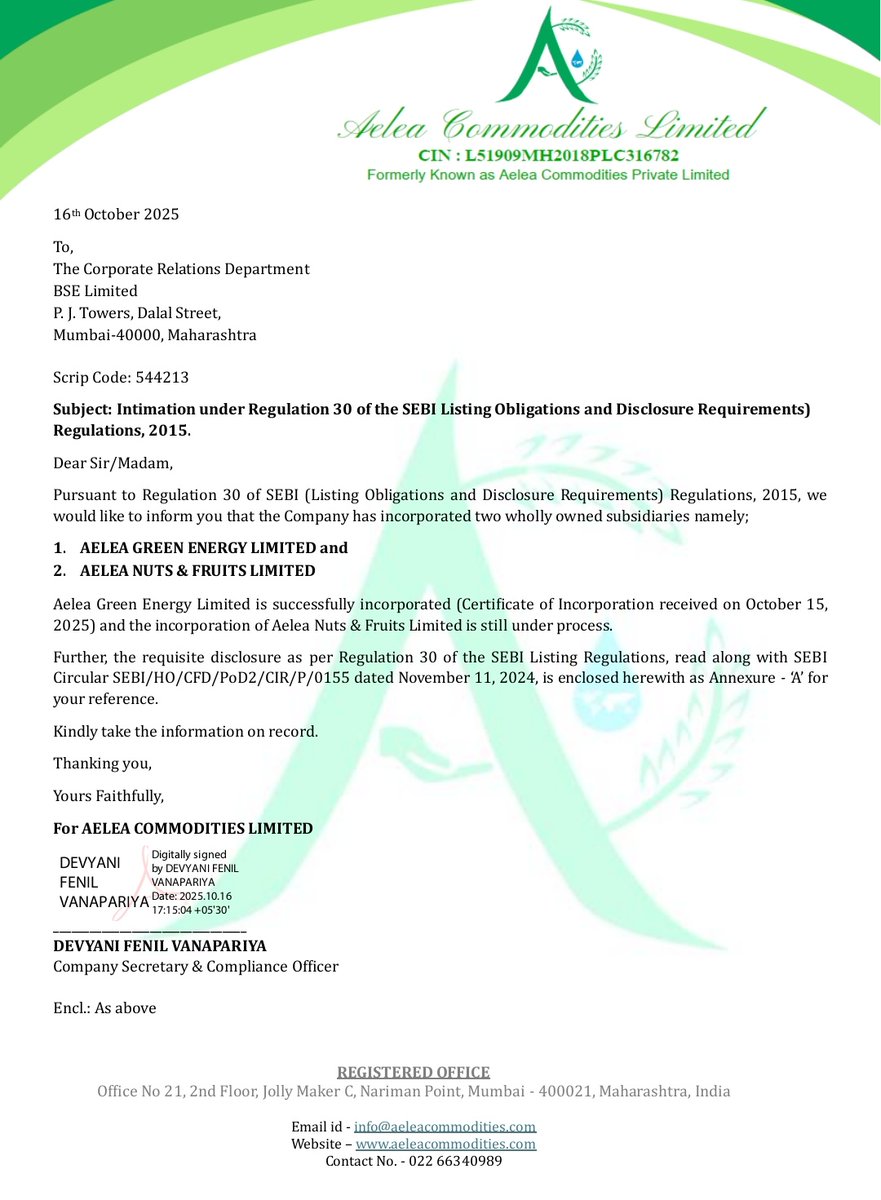 Impulse_ankkit's tweet photo. #ACLD #aelia Commodities Business Update: Incorporated 2 wholly owned subsidiaries namely:
👉 AELEA GREEN ENERGY LIMITED
👉 AELEA NUTS & FRUITS LIMITED https://t.co/E1eqNa4gjV