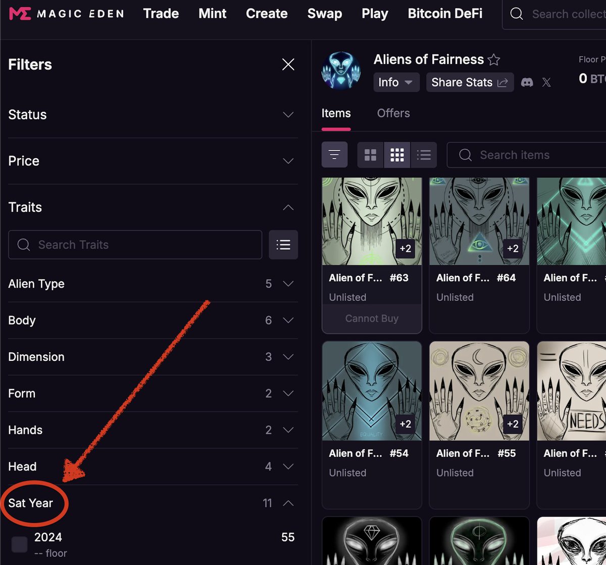 daimondexe | The Aliens founder (@daimondexe) on Twitter photo Aliens of Fairness NEW TRAIT on <a href="/MEonBTC/">Magic Eden on Bitcoin 🟧</a> 🚨
We’ve just implemented a new “Sat Year” trait for the first-ever FREE collection on Uncommon rare sats by The Aliens (<a href="/PipeAliens/">The Aliens (PipeAliens)</a>).
Shoutout to <a href="/kaboozyako/">kaboozyako</a> for sparking this idea 👽💎👏👏👏
We made it live on Magic Eden - good ideas Aliens of Fairness NEW TRAIT on <a href="/MEonBTC/">Magic Eden on Bitcoin 🟧</a> 🚨
We’ve just implemented a new “Sat Year” trait for the first-ever FREE collection on Uncommon rare sats by The Aliens (<a href="/PipeAliens/">The Aliens (PipeAliens)</a>).
Shoutout to <a href="/kaboozyako/">kaboozyako</a> for sparking this idea 👽💎👏👏👏
We made it live on Magic Eden - good ideas