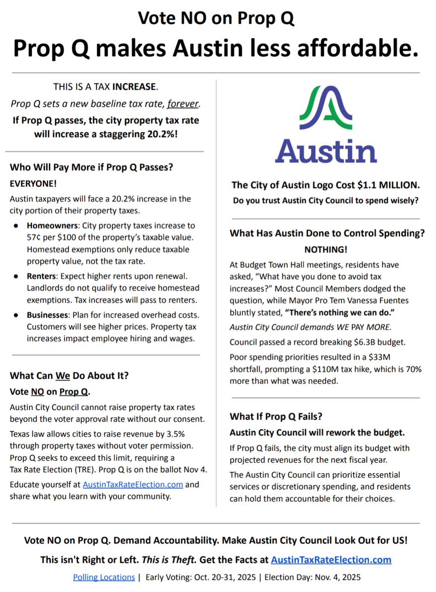 JenRobichaux's tweet image. Voting starts on Monday.
Time for the final push.
Speak up and educate voters.

Don't assume someone you've told about Prop Q will remember or vote.

Feel free to download this free flyer and share 👉 drive.google.com/file/d/1EH3WaO…

Find your voting location 📍votetravis.gov/current-electi…