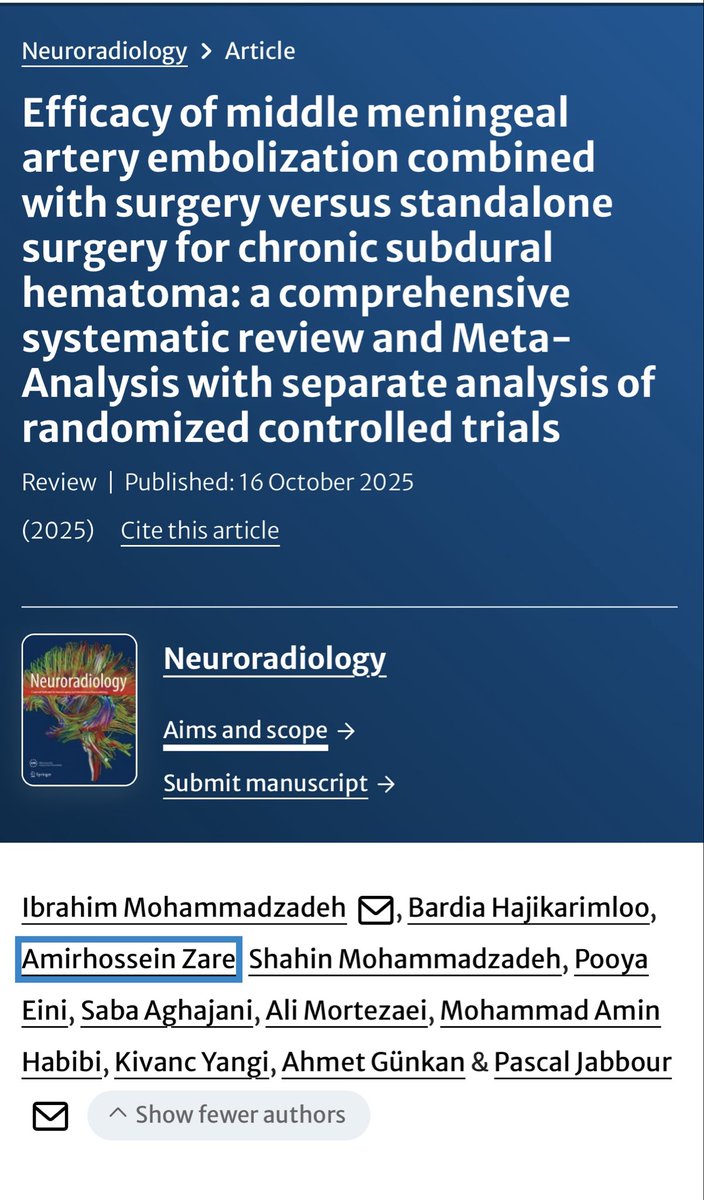 🎉🎉New in Neuroradiology!
📖 Systematic review &amp; meta-analysis comparing MMA embolization + surgery vs. surgery alone for chronic subdural hematoma.
👏 to our team, particularly <a href="/Ibrahim__mdz/">Ibrahim Mohammadzadeh</a> 

Read here 👉 bit.ly/4hjhnIr
#Neurosurgery #Neuroradiology