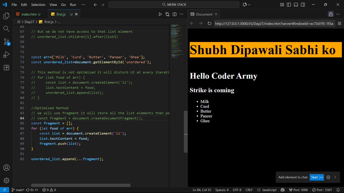 AayushChau75035's tweet image. Day 28 of MERN Stack Journey✅
Thanks to @rohit_negi9 bhaiya🚀
Just nailed an optimized way to insert list elements into unordered list from backend data without overloading the UI! Used an array to store elements & appended them with the spread operator—no Fragment needed!💻