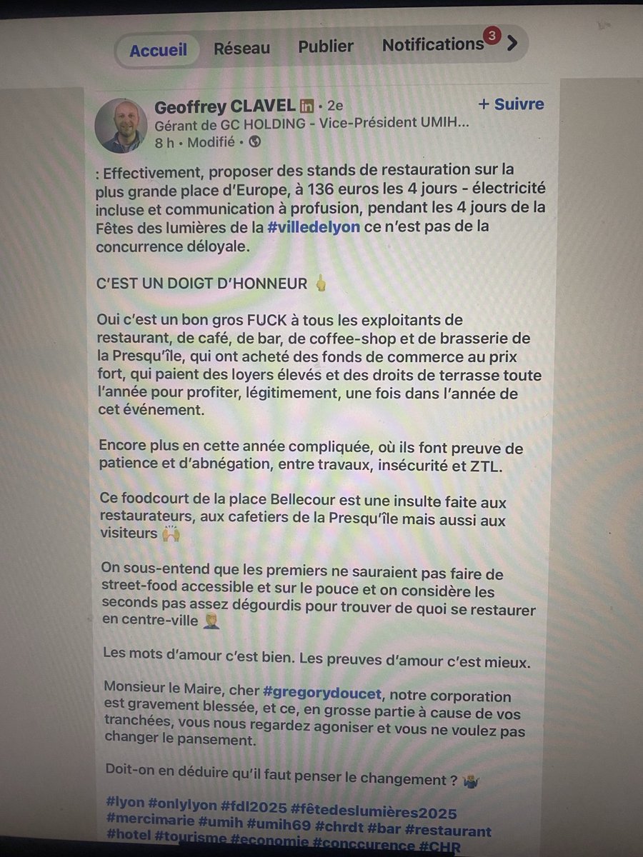 Boulets verts (@vertboulet) on Twitter photo Entre les restaurateurs lyonnais du syndicat Umih et <a href="/EELVRhone/">Les Écologistes - EELV Rhône</a> , le divorce semble consommé comme en témoigne le post ci dessous du Vice President Geoffrey Clavel .
Oui bien sur ,cher Geoffrey , il faut penser au changement 
#Lyon #fdl2025 #umih69 
<a href="/Gregorydoucet/">Grégory Doucet</a> Entre les restaurateurs lyonnais du syndicat Umih et <a href="/EELVRhone/">Les Écologistes - EELV Rhône</a> , le divorce semble consommé comme en témoigne le post ci dessous du Vice President Geoffrey Clavel .
Oui bien sur ,cher Geoffrey , il faut penser au changement 
#Lyon #fdl2025 #umih69 
<a href="/Gregorydoucet/">Grégory Doucet</a>
