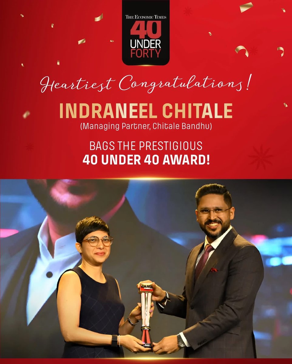 Krishna Nidvanche (@krishna01966091) on Twitter photo Congratulations and proud moment <a href="/cIndraneel/">Indraneel Chitale</a> and <a href="/ChitaleBandhu/">Chitale Bandhu</a>.
40 under 40 award <a href="/EconomicTimes/">Economic Times</a> Congratulations and proud moment <a href="/cIndraneel/">Indraneel Chitale</a> and <a href="/ChitaleBandhu/">Chitale Bandhu</a>.
40 under 40 award <a href="/EconomicTimes/">Economic Times</a>