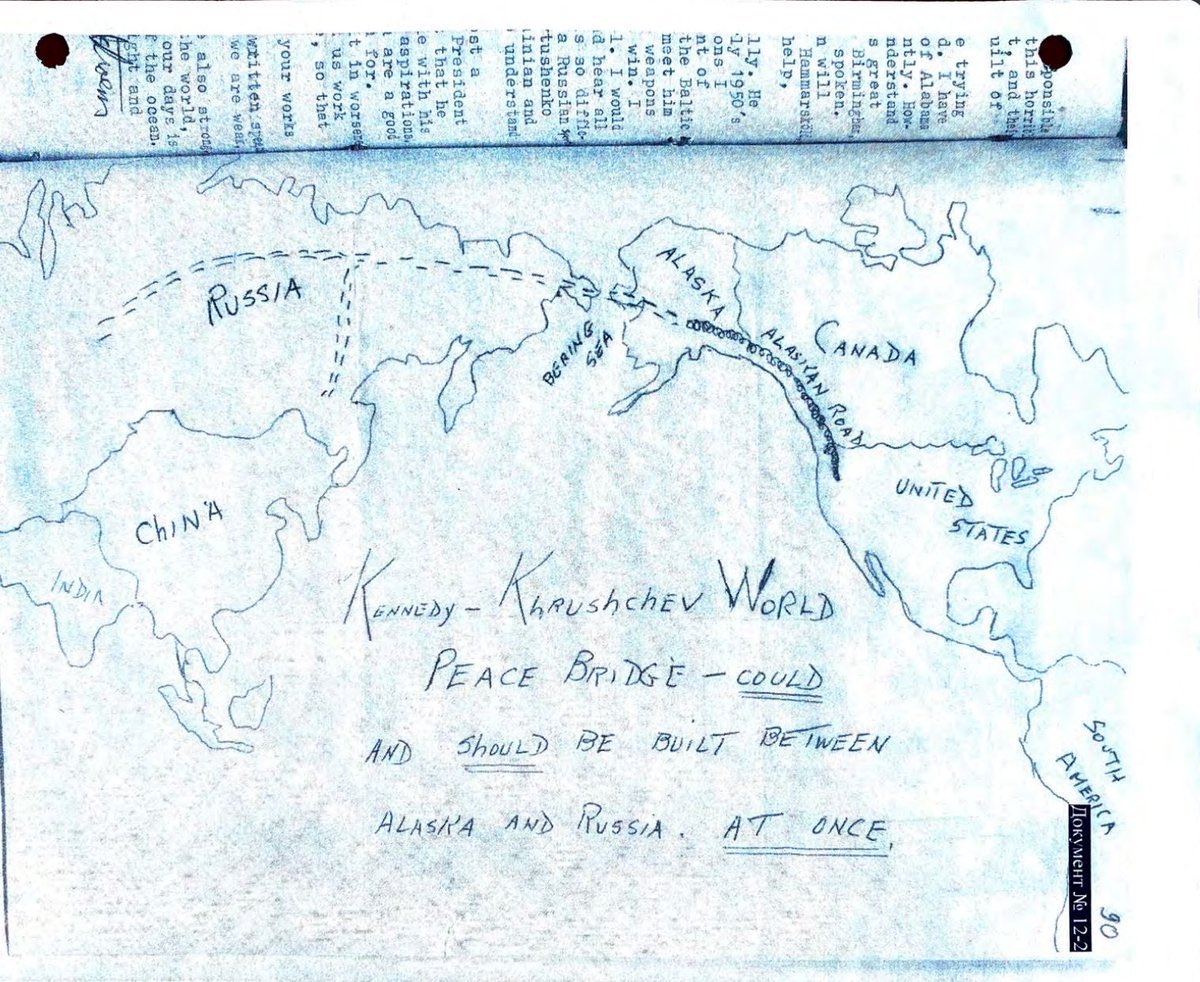 stats_feed's tweet image. From the Soviet JFK docs released:
Kennedy–Khrushchev World Peace Bridge “could and should be built between Alaska and Russia at once.”