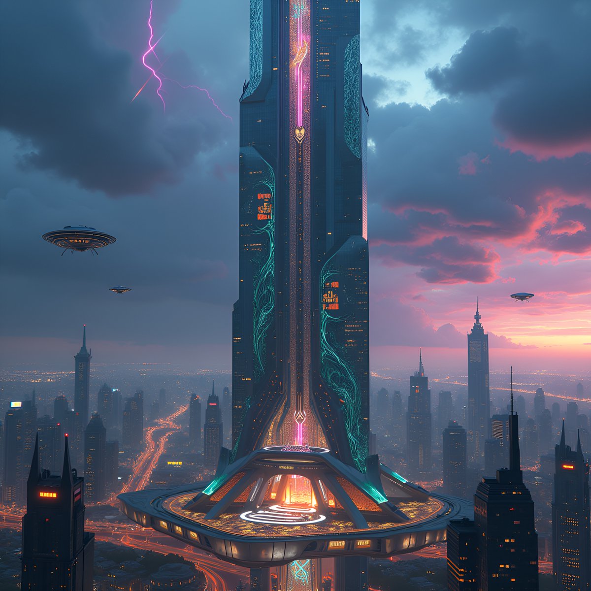 PromptSin's tweet image. Skyline level: spaceship chic 🚀✨ Who&apos;s ready to visit this futuristic city? #CyberCity #FuturisticVibes