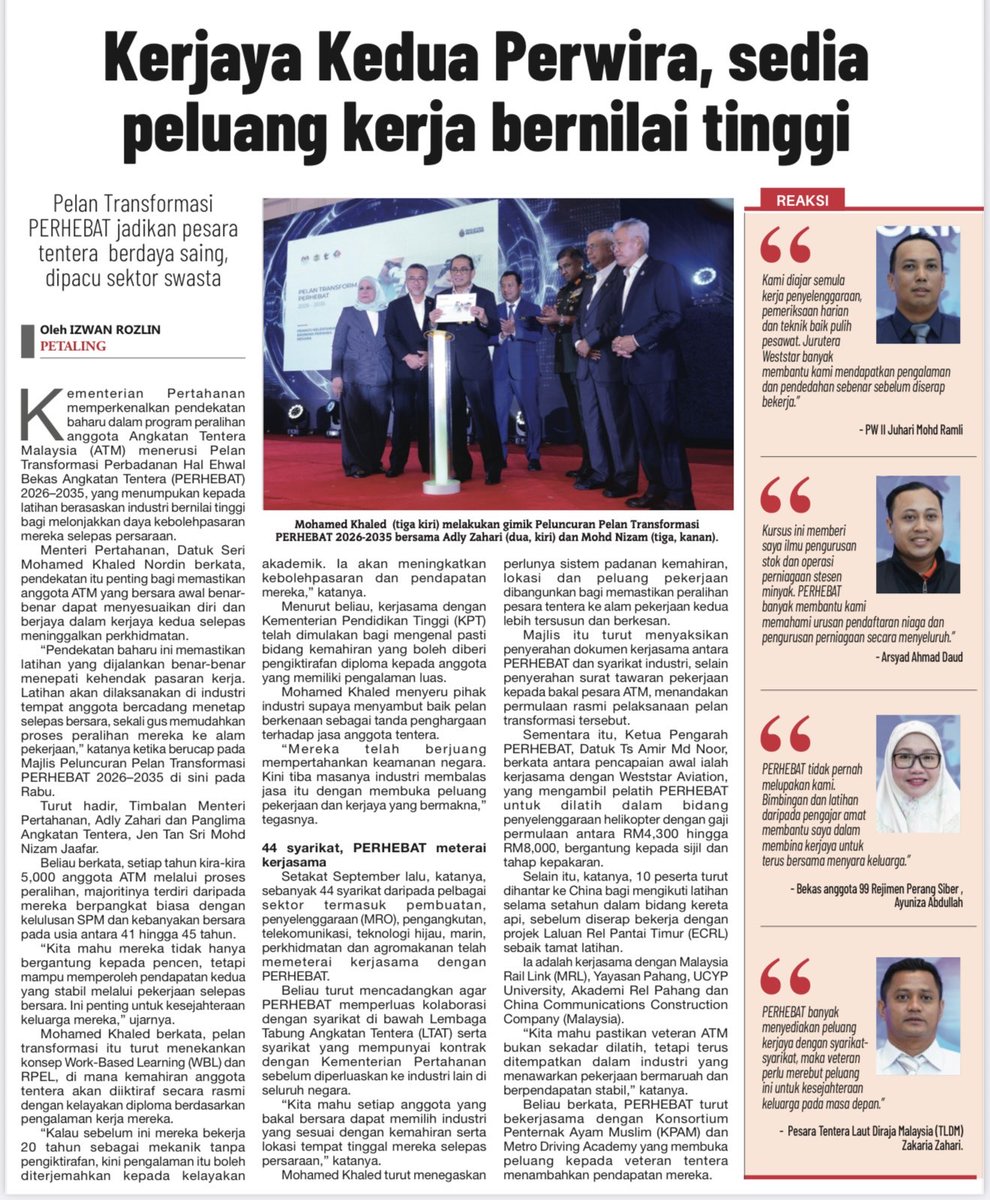 MINDEFMalaysia's tweet image. Kerjaya Kedua Perwira.
Pelan Transformasi PERHEBAT 2026–2035 memperkasa pesara ATM untuk berdaya saing dalam industri bernilai tinggi, dengan latihan berasaskan kemahiran sebenar dan kolaborasi sektor swasta.

#mindefmalaysia 
#mindefupdate