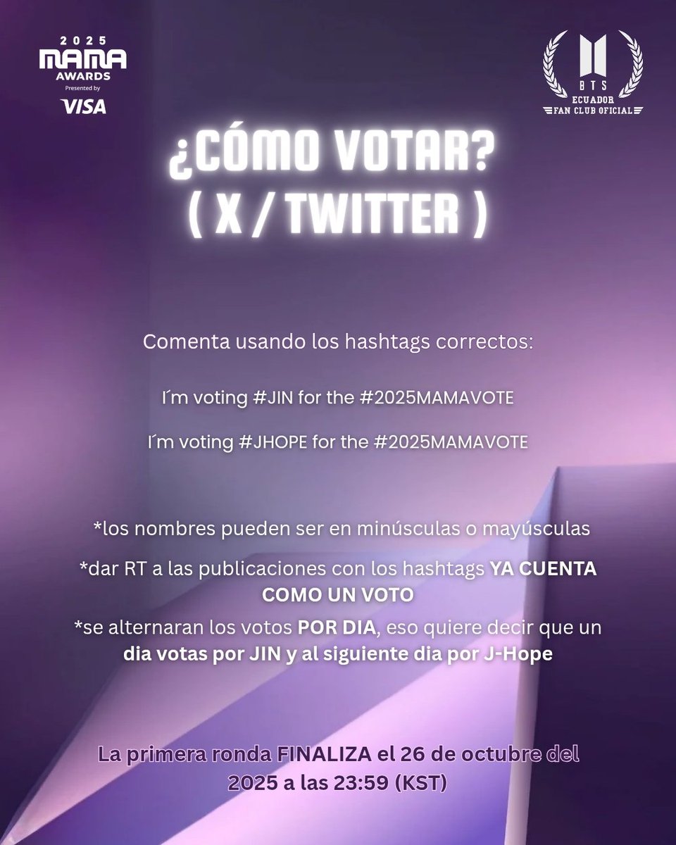 BTSEcuador_7's tweet photo. 💬 Y en X, usa los hashtags #/JIN o #/Jhope + #2025/MAMAVOTE 

Ej: "I’m voting #/jhope for the #/2025MAMAVOTE"

¡Cada voto cuenta! ARMY siempre logra lo imposible https://t.co/gltDSv5WJY