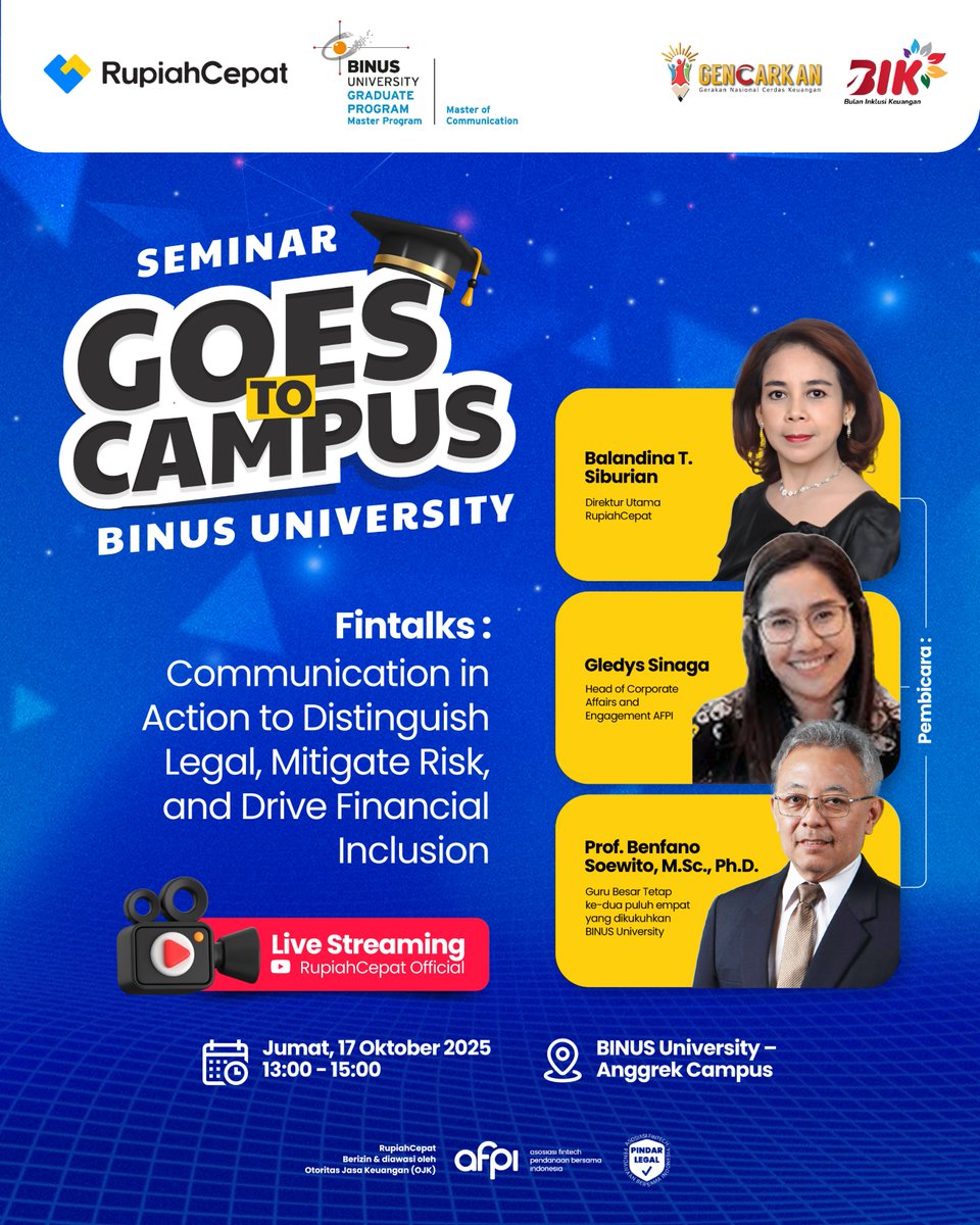 Kali ini, RupiahCepat hadir di BINUS University dalam rangkaian Bulan Inklusi Keuangan 2025 dengan seminar bertema:

Communication in Action to Distinguish Legal, Mitigate Risk, and Drive Financial Inclusion.

Bersama narasumber inspiratif:
👩‍💼 Balandina T. Siburian – Direktur