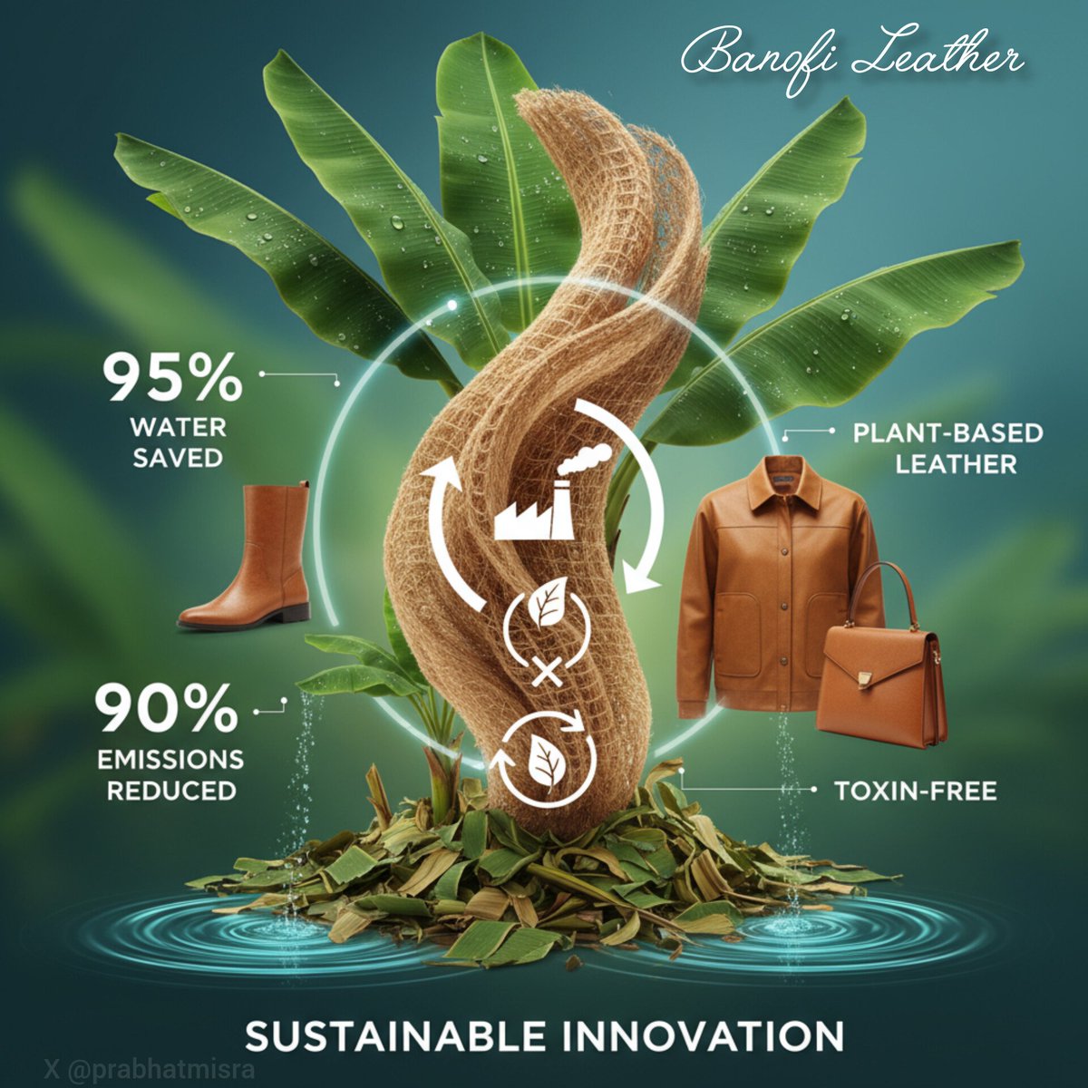 prabhatmisra's tweet image. 🌱 Turning banana waste into fashion!

👩 Jinali Mody’s #BanofiLeather transforms #banana crop waste into a durable, plant-based alternative to #leather — using 95% less water and cutting emissions by 90%.

✅ Banofi Leather by Jinali Mody is a material innovation leading…