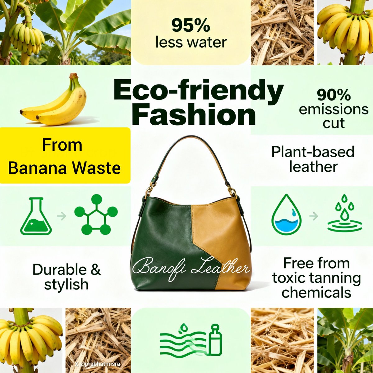 prabhatmisra's tweet image. 🌱 Turning banana waste into fashion!

👩 Jinali Mody’s #BanofiLeather transforms #banana crop waste into a durable, plant-based alternative to #leather — using 95% less water and cutting emissions by 90%.

✅ Banofi Leather by Jinali Mody is a material innovation leading…