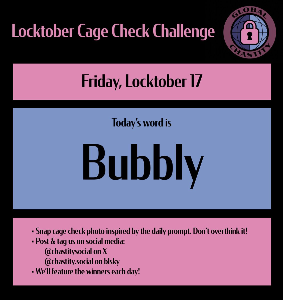 Today’s word is bubbly 🫧

How will YOU be on theme and show off your cage? 🔒
Post your reply in this thread and each city will repost their favorites! #Locktober #ChastitySocial
