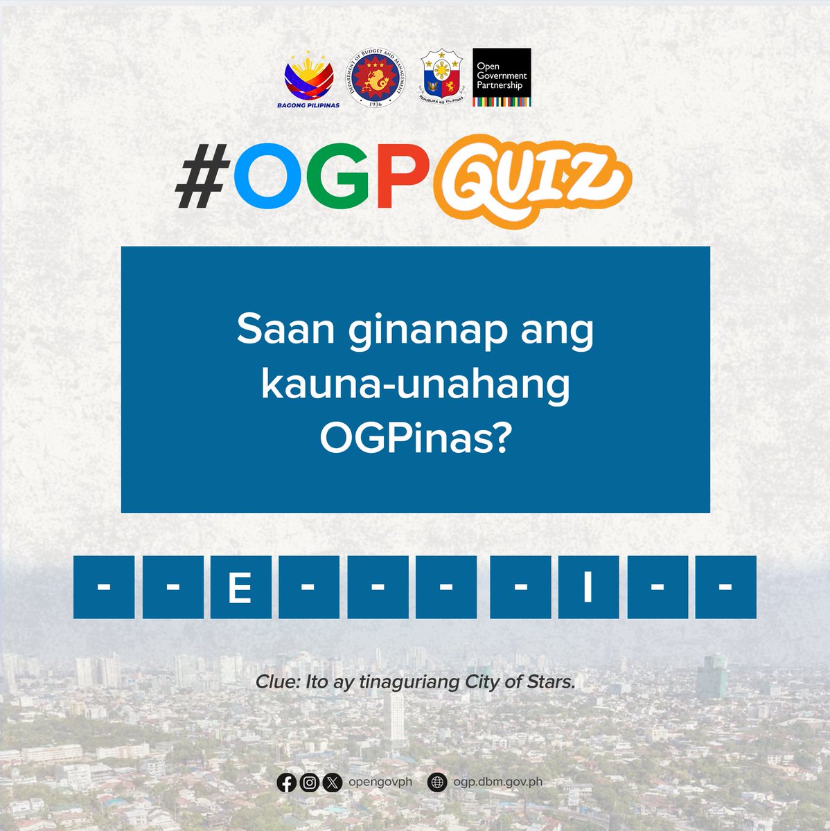 It’s Friday, and we’re launching something new — OGP Quiz Time!

Sa #PHOGP, ang bawat boto, sagot, at ideya ay mahalaga. Ang kaalaman mo tungkol sa open government ay hindi lang basta trivia — ito’y bahagi ng pagbabago.

Read more: facebook.com/share/p/16EN3g…

#OpenGovPH #OGPQuiz