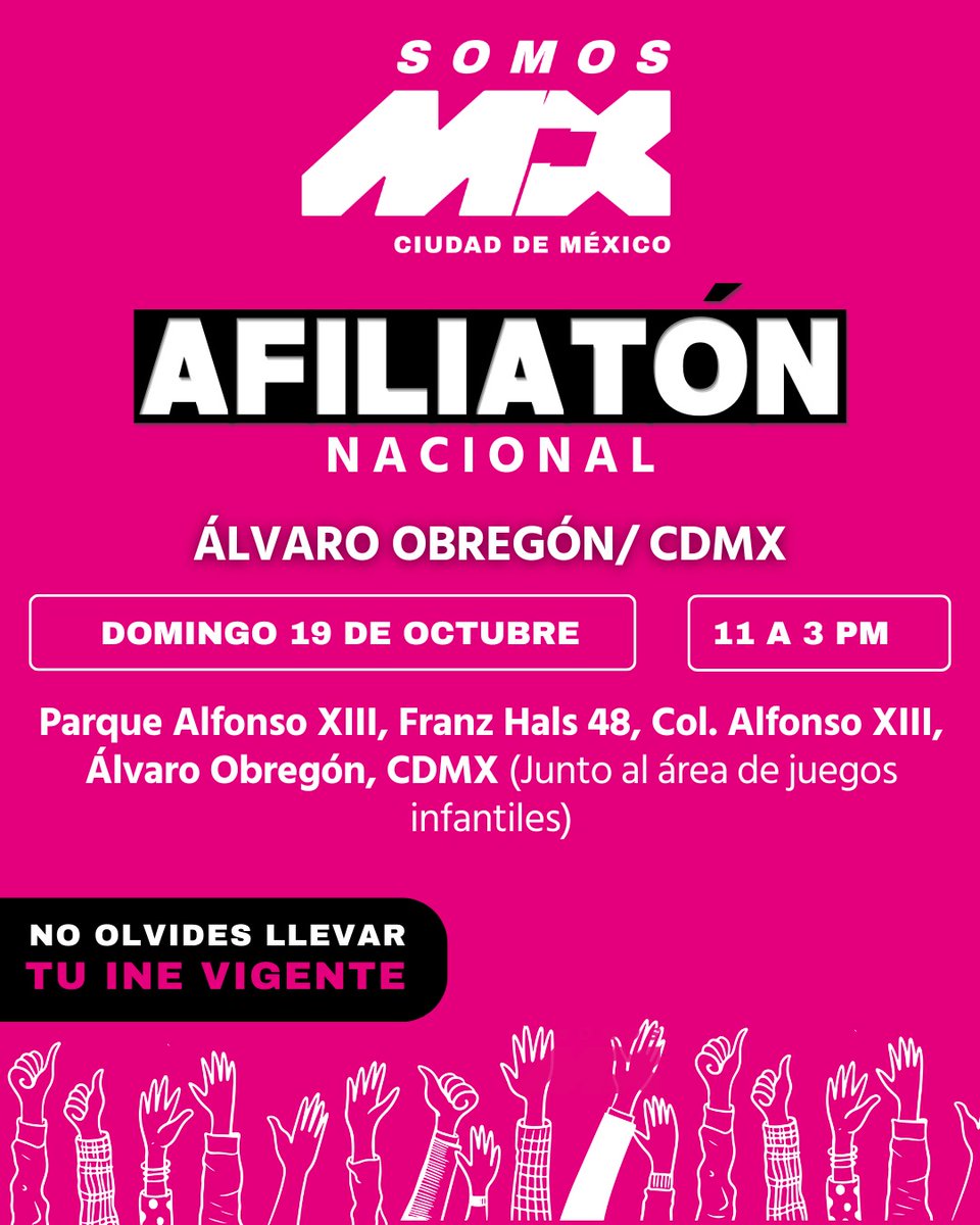 ¡Este fin de semana la CDMX se llena de puntos de afiliación! 🌆
Encuentra tu sede más cercana:
🗓️ SÁBADO 18:
📍 Santa María la Ribera - Kiosco Morisco - 15:00 a 18:00 hrs
📍 GAM - Parque Corpus Christi - 11:00 a 15:00 hrs
📍 Azcapotzalco - Parque de la China - 12:00 a 15:00 hrs