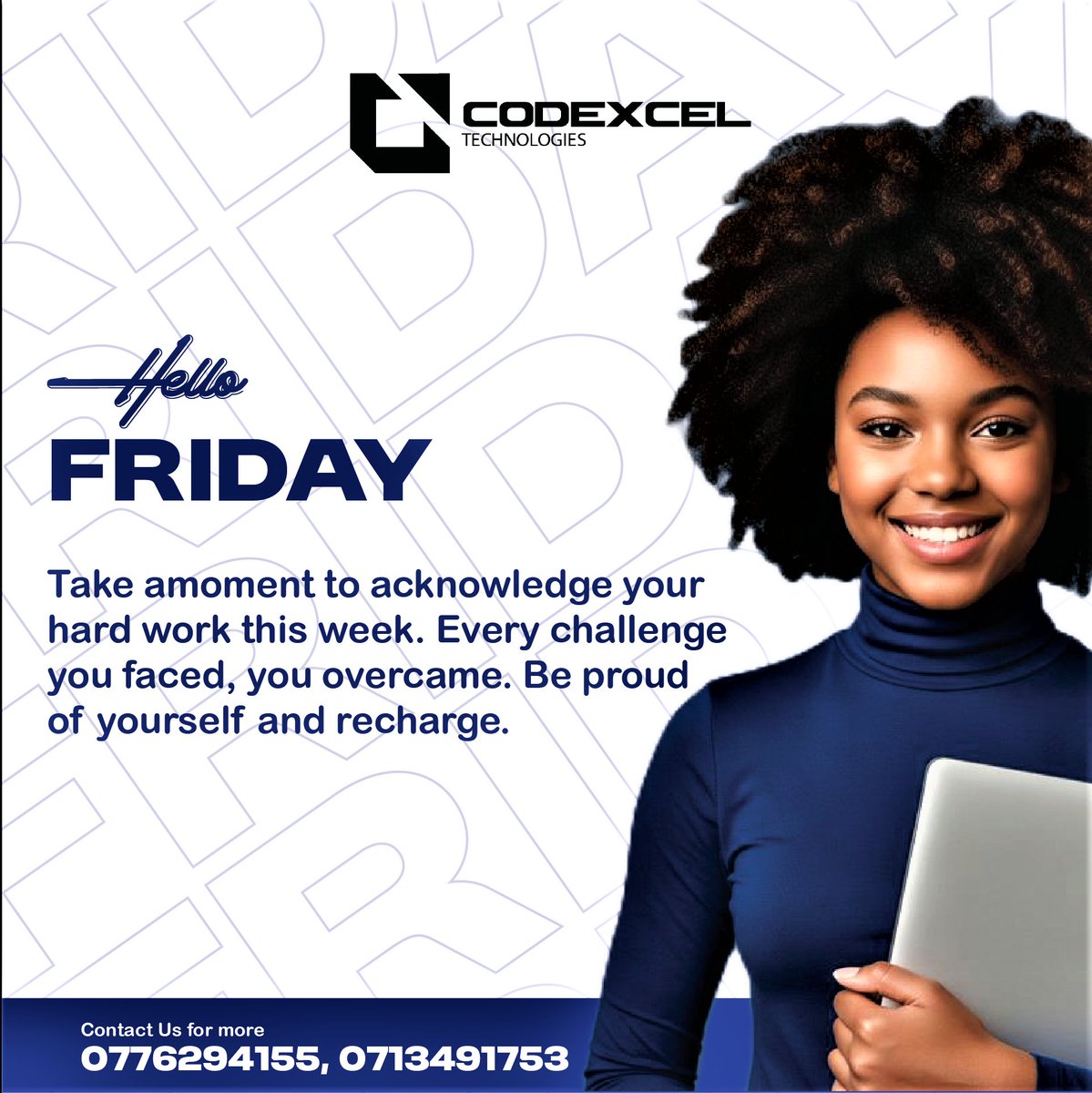 codexceltech's tweet image. Take a moment to acknowledge your hard work this week. Every challenge you faced, you overcame. Be proud of yourself and recharge. 

#Codexceltech 
#FridayMotivation 
#softwareapplicationdevelopmentcompany 
#GraphicDesigner 
#BrandIdentity