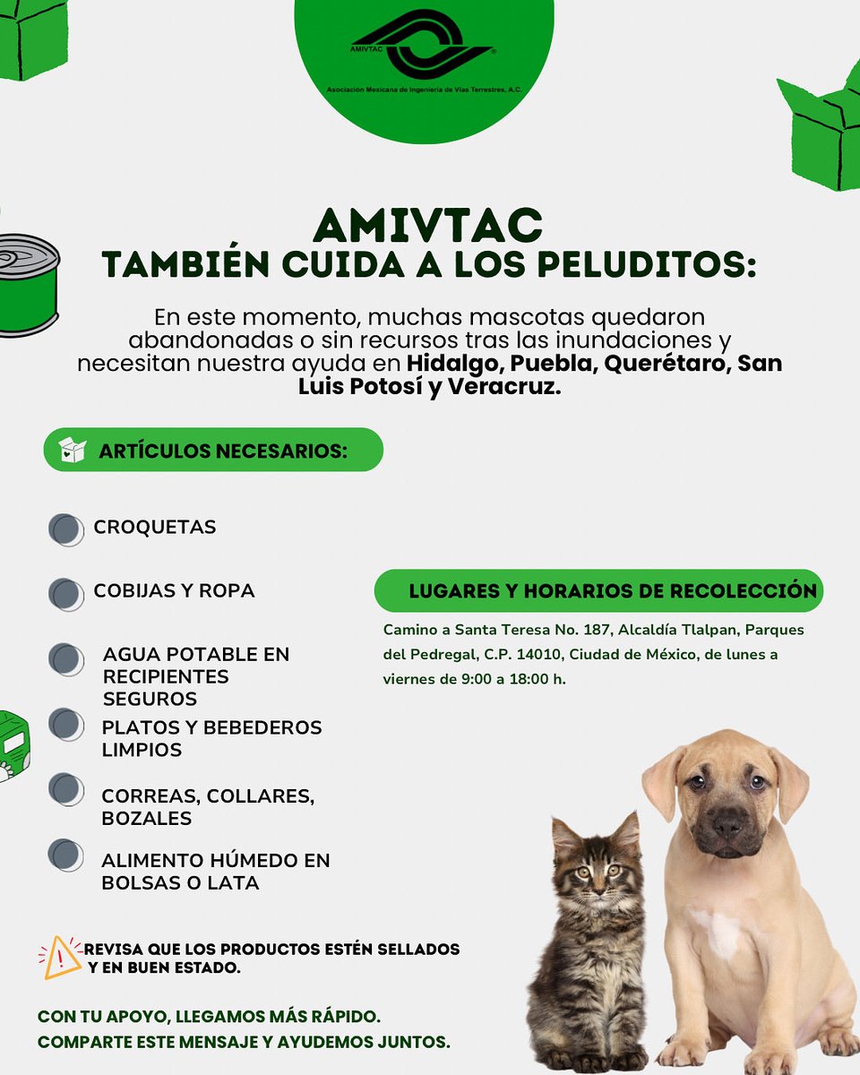Nuestros peluditos también necesitan ayuda. 🐶🐱

📍 Toda la información está en la imagen.

🤝 Juntos, como comunidad AMIVTAC, hacemos la diferencia para quienes más lo necesitan, ¡con patas y sin patas!
 #SolidaridadAnimal