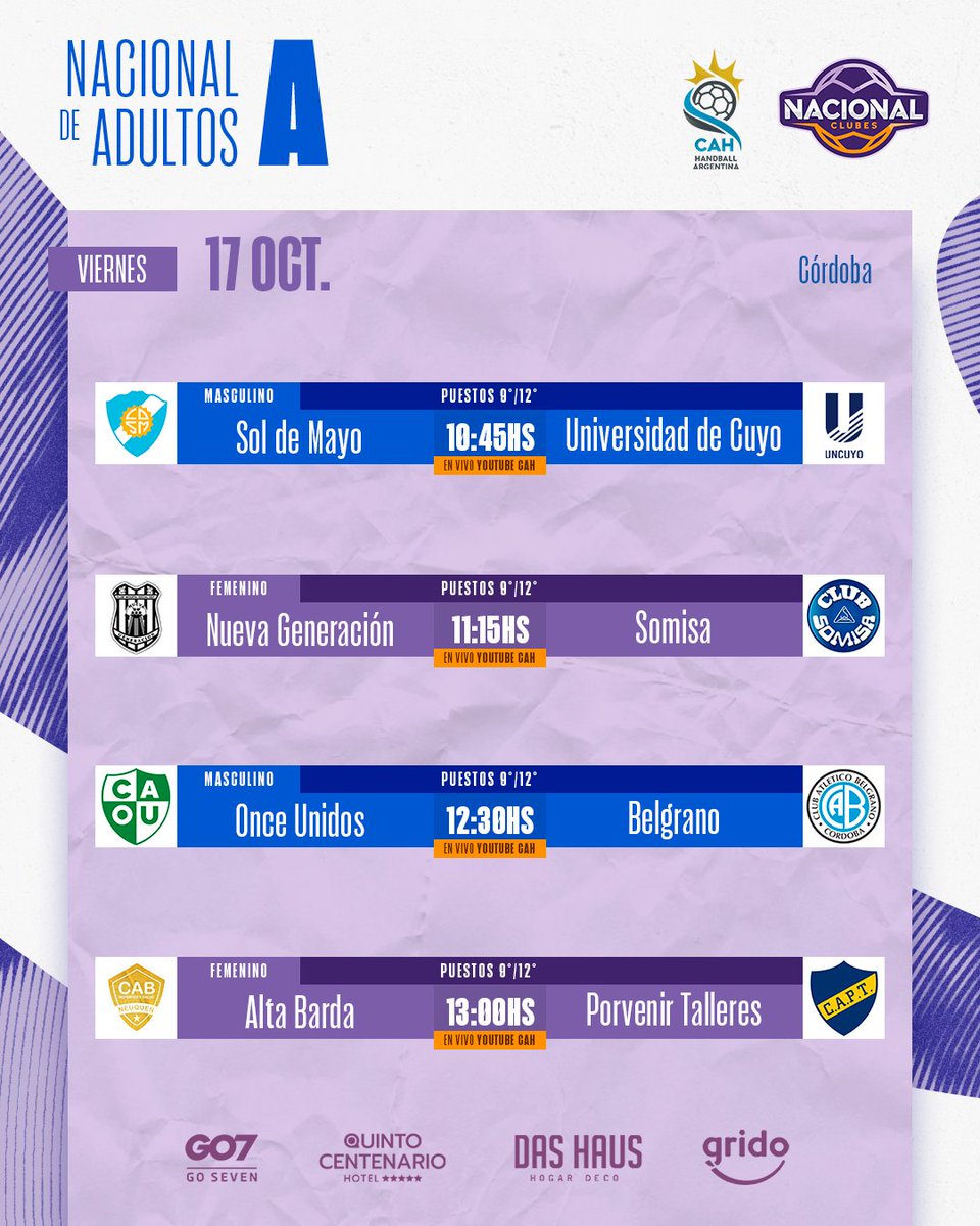 ¡Arranca la quinta jornada del Nacional de Clubes Adultos “A” 🏆!

La acción no se detiene en Córdoba y Alta Gracia. Semifinales, cruces clave y partidos que prometen 🙌🏾

📺 Todos los encuentros se pueden ver en vivo por el canal de YouTube de la CAH: youtube.com/@handball.arge…