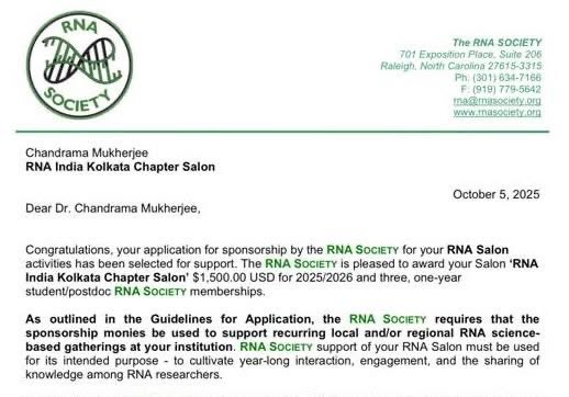 Excited to receive #RNASalon award to promote RNA education and research by various activities. Thanks <a href="/RNASociety/">The RNA Society</a> for giving our group this opportunity <a href="/IslamSafir52669/">Safirul Islam</a> <a href="/AvikMuk64372658/">Avik Mukherjee</a> <a href="/AnakshiGayen/">ANAKSHI GAYEN</a> <a href="/IHS_Presiuniv/">Institute of Health Sciences, Presidency Univ</a> <a href="/CellBioLab_IHS/">Dr Shubhra Majumder</a>