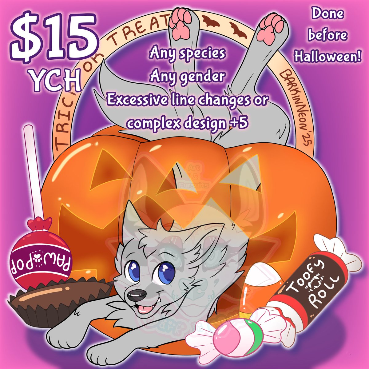 🎃 Trick or treat 🍬 YCH!
1️⃣5️⃣ unlimited slots!
- Any species
- Any gender
- Excessive line changes or complex characters +5️⃣

Finished before Halloween!
Comment or dm to claim!
#furryart #furryartist #furryych #fursuitmaker #furryhalloween