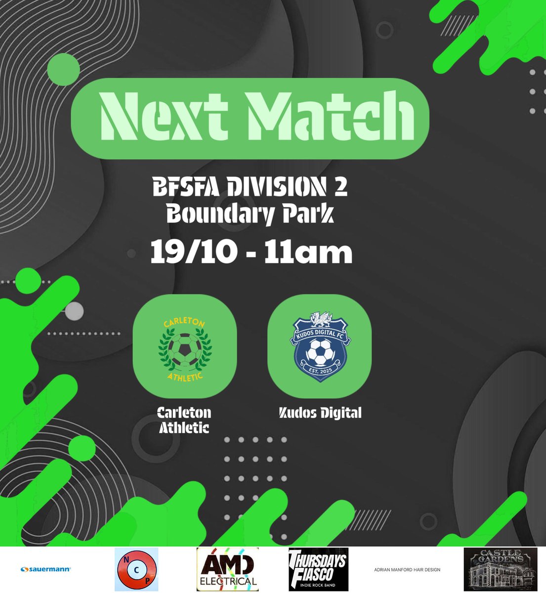 Next up 🔜 

A tough test for the Tics on Sunday as we take on the early league leaders, Kudos Digital

6 wins out of 6 so far for Kudos only conceding 4 goals. Carleton looking for an important win as we try and establish ourselves in the top half of the league.

Up the Tics! 💚