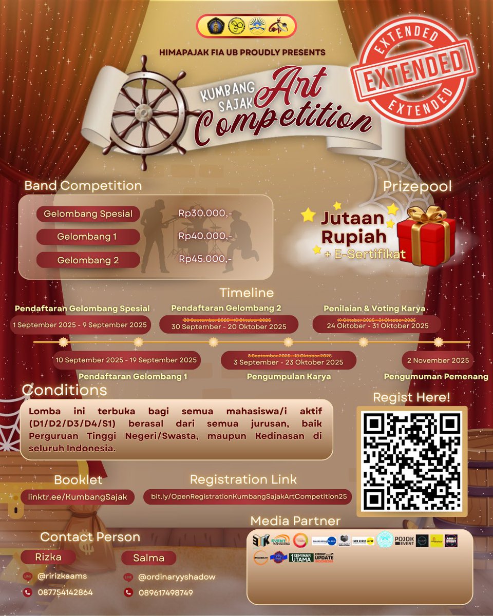 ui_event's tweet image. EVENT EKSTERNAL

[EXTENDED KUMBANG SAJAK ART COMPETITION]

Halo, Sobat Mahasiswa!

Kamu mau daftar lomba? tapi bingung lomba apa? Ayo daftarkan dan tunjukkan karya terbaik kamu di Kumbang Sajak Art Competition 2025✨

#HIMAPAJAK2025NiskalaCita #KumbangSajakArtCompetition2025